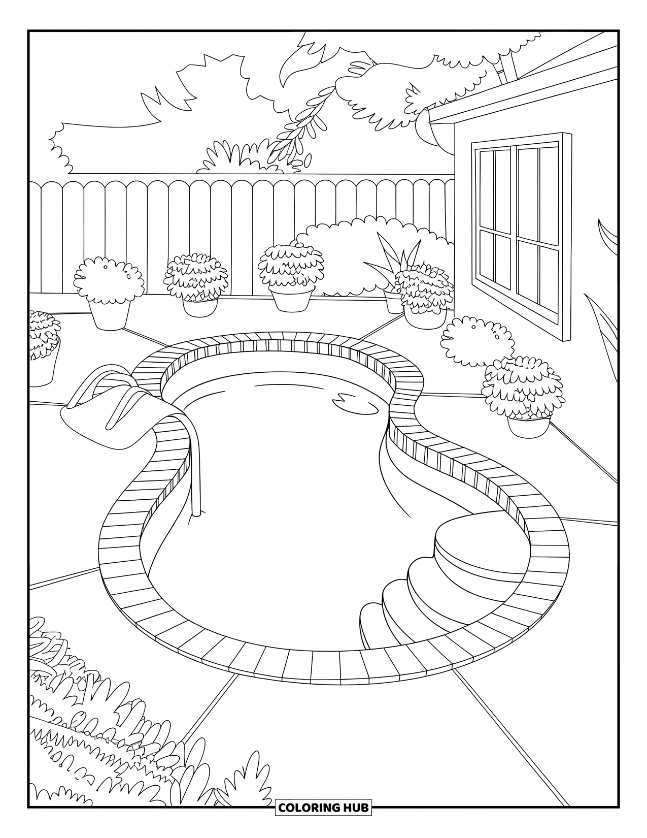 Pool Coloring Page for Kids: Kidney-shaped pool with potted plants, towel, and a step at one end