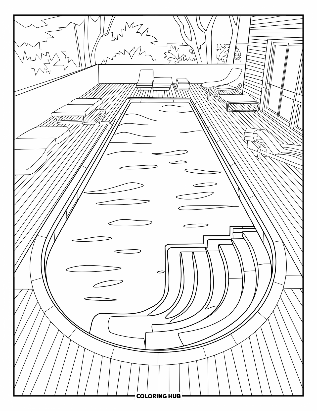 Pool Coloring Page for Kids: L-shaped pool with sloped entry, stairs, and loungers beside trees and a building