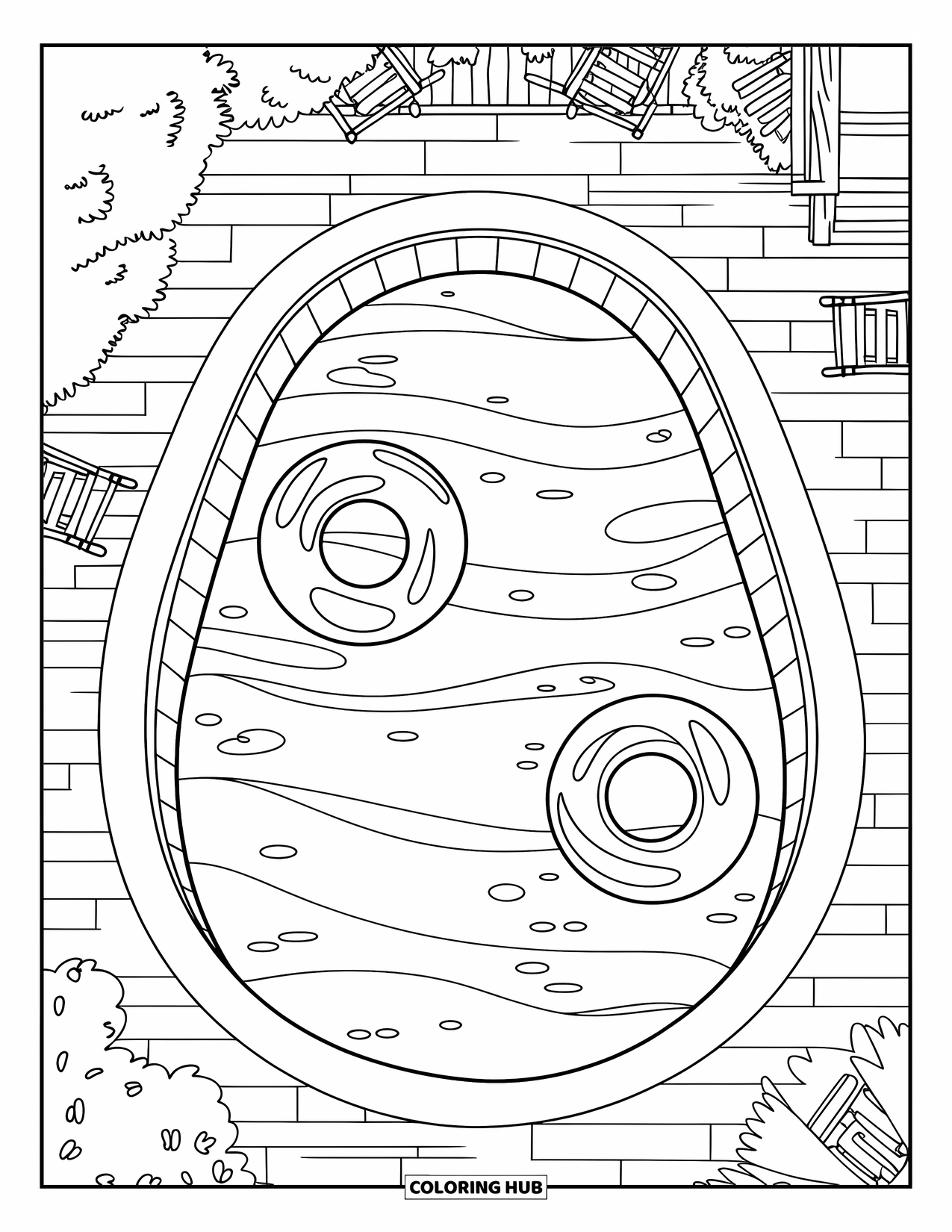 Pool Coloring Page for Kids: Oval pool with float rings, chairs, and a cozy building among trees