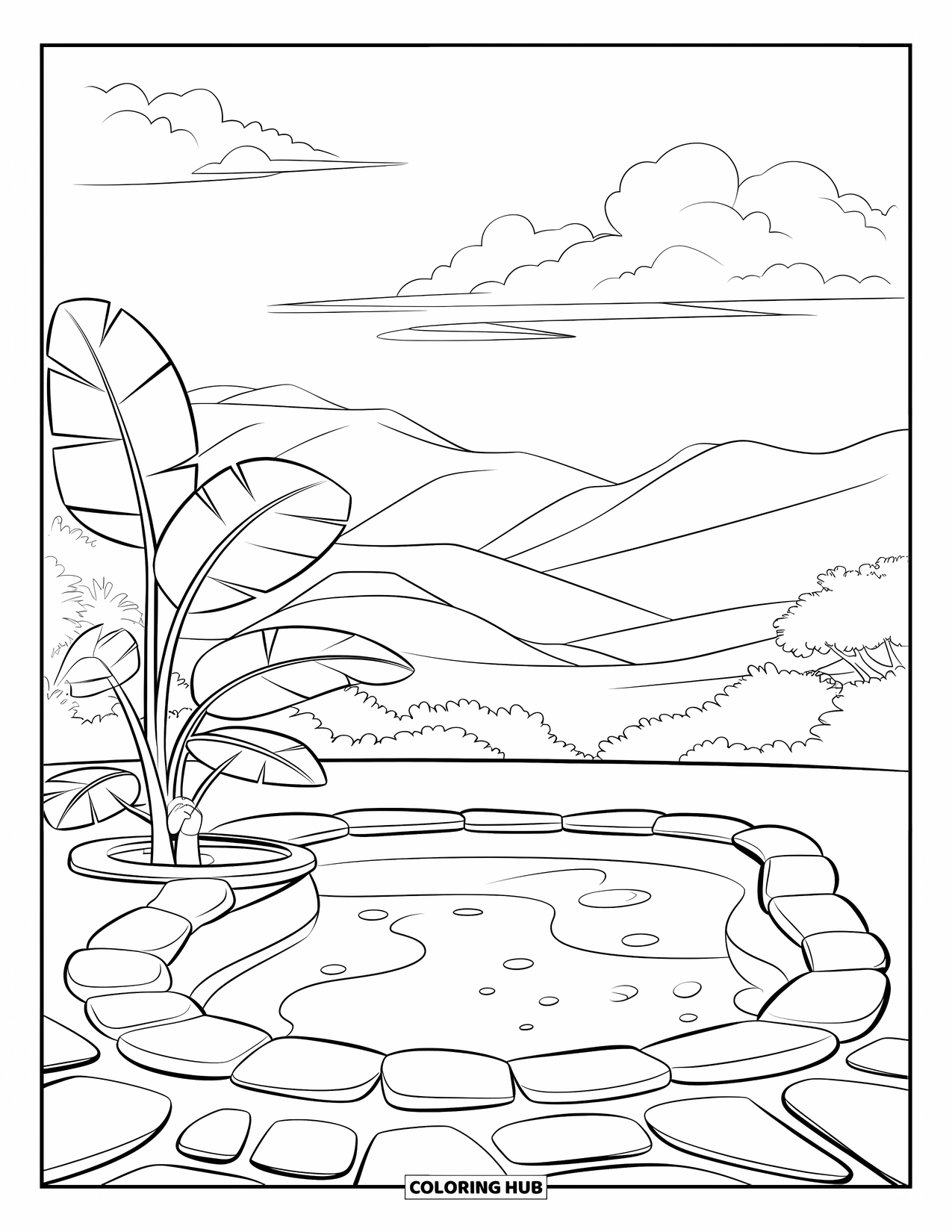Pool Coloring Page for Kids: Plunge pool with natural stone edges and soft leafy plants in a mountain setting