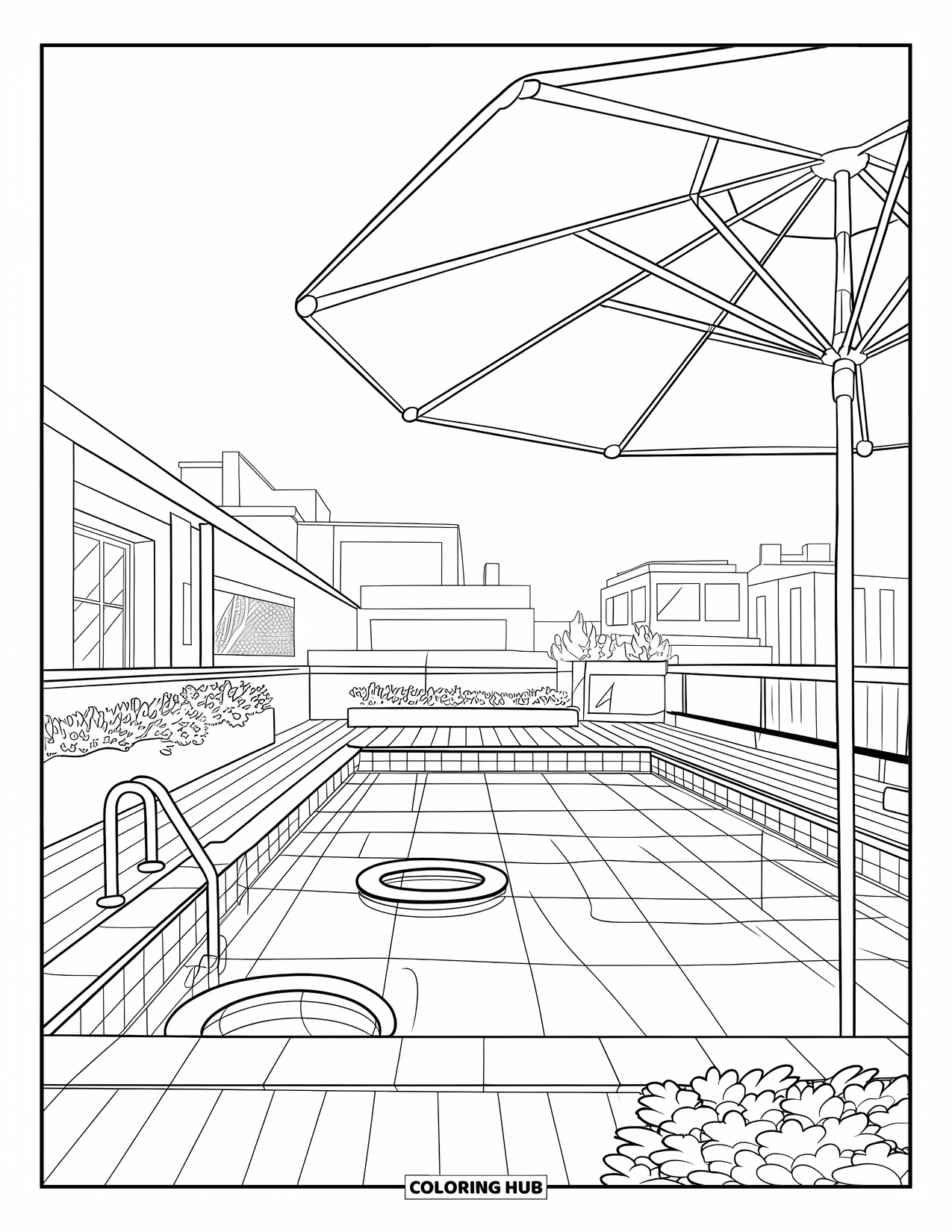 Pool Coloring Page for Kids: Rooftop pool with wooden deck, plants, and sleek tile details under a city skyline