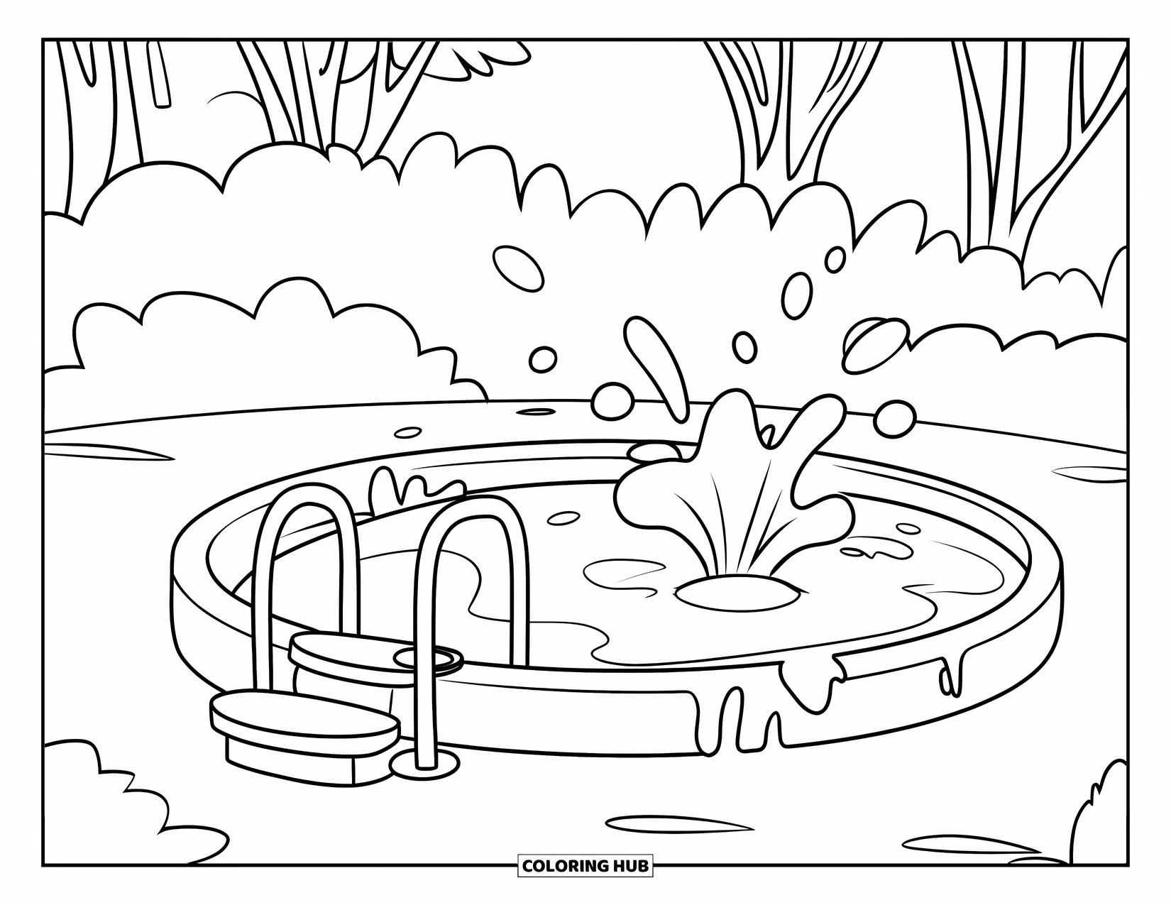 Pool Coloring Page for Kids: Round pool with ladder, playful splashes, and bubbles in a lush garden setting