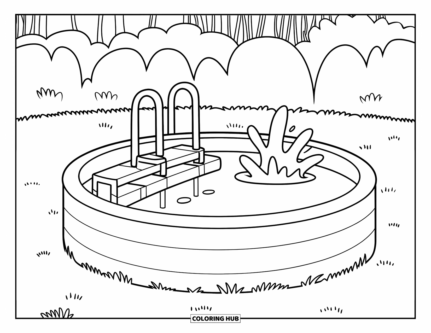 Pool Coloring Page for Kids: Simple round pool with a step ladder, surrounded by grass and cheerful trees