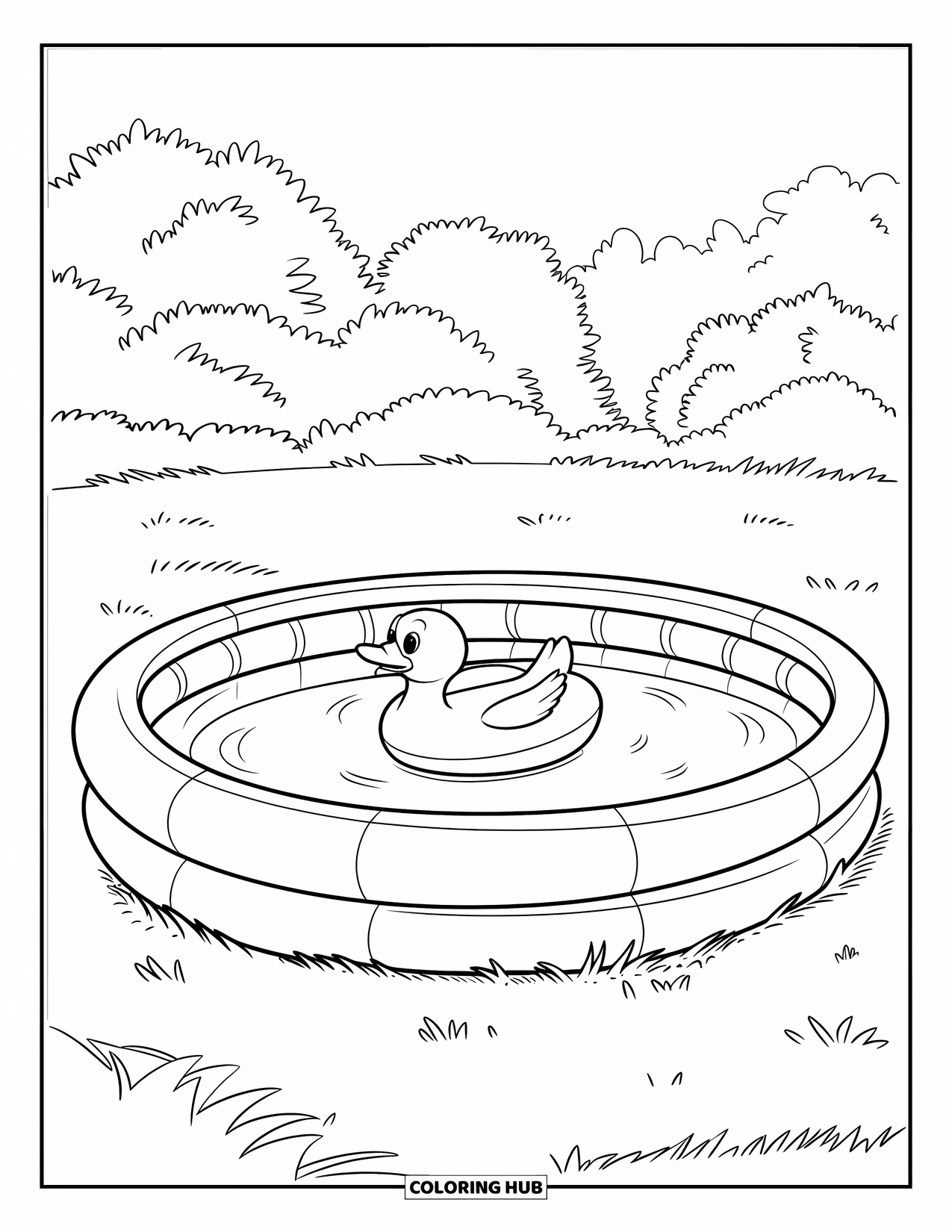 Pool Coloring Page for Kids: Small inflatable pool with duck float, placed in a grassy field with trees