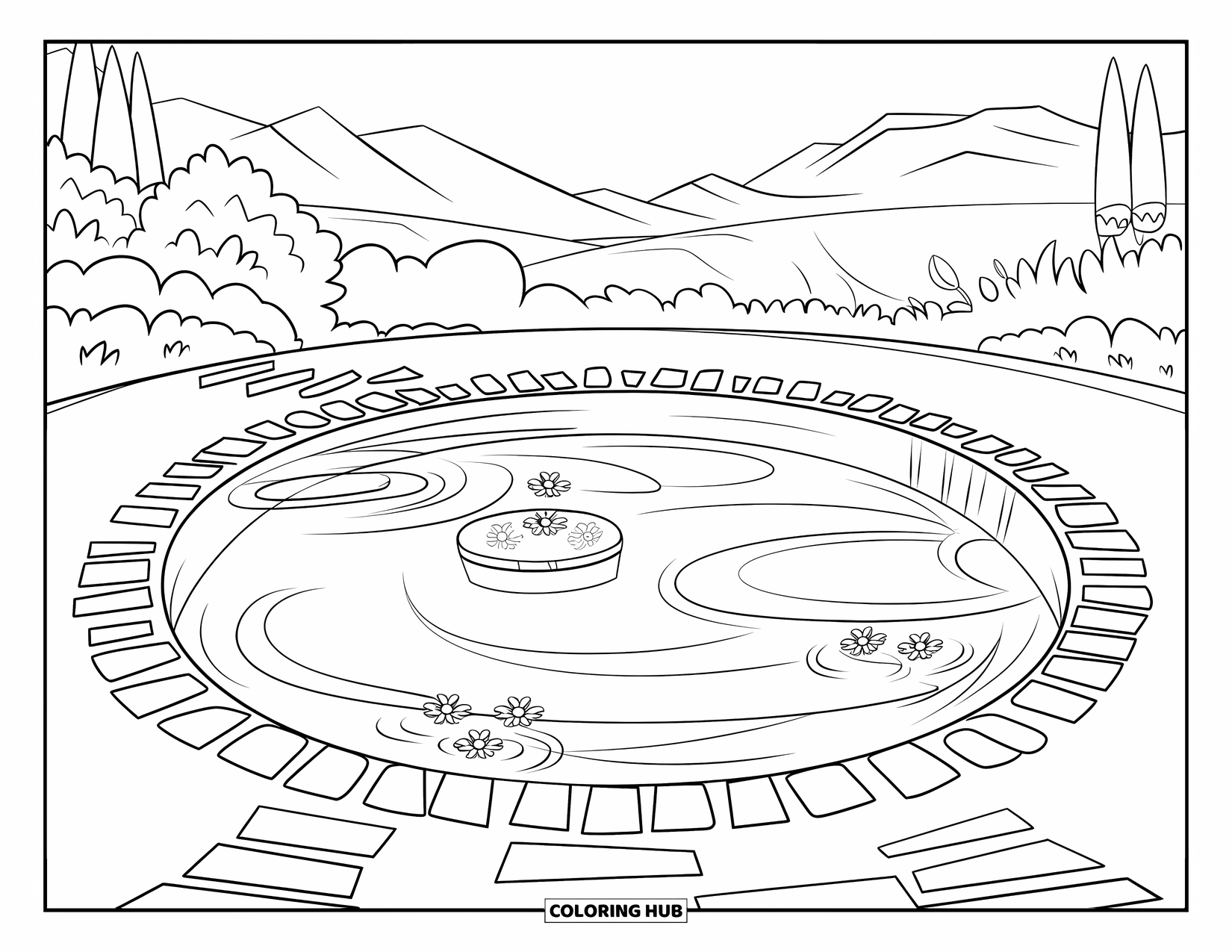 Pool Coloring Page for Kids: Sunken circular pool with stepping stones, floating flowers, and a small island in the middle