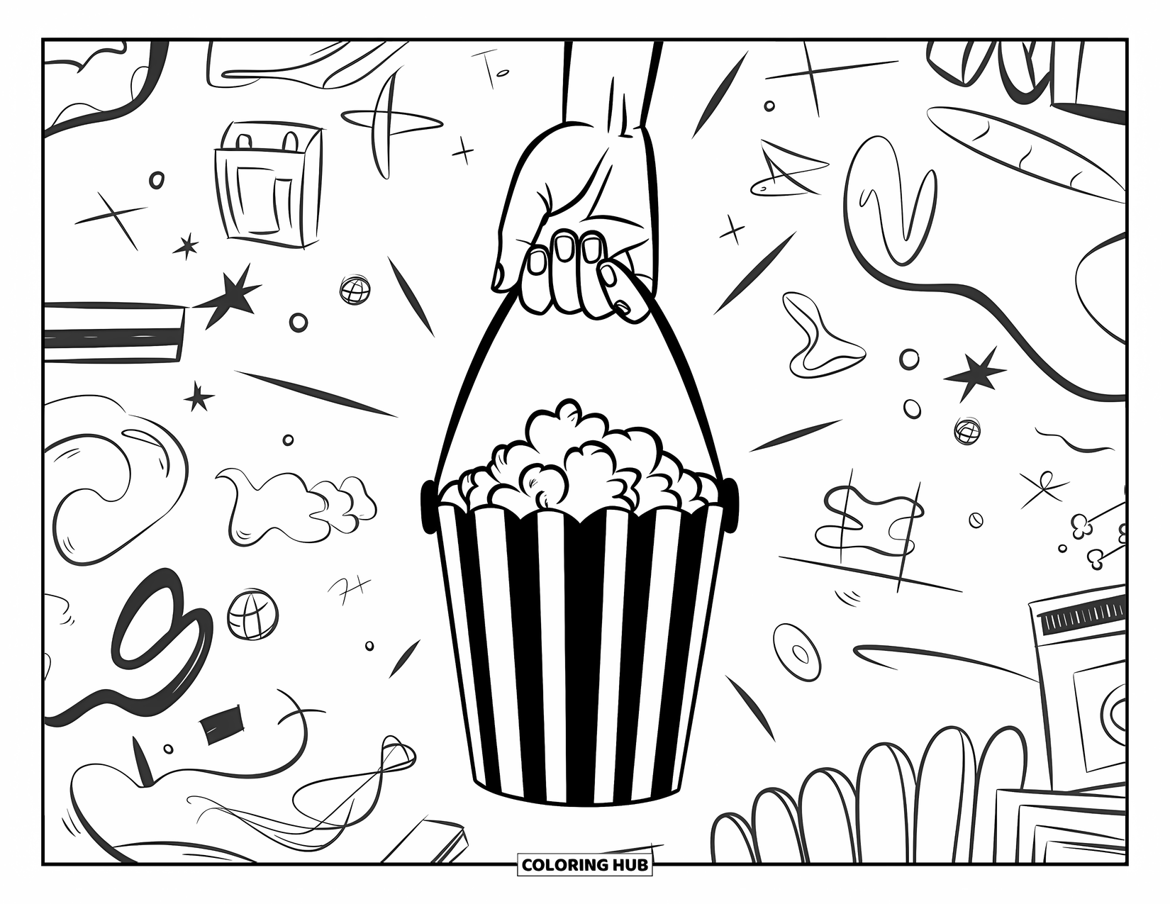 Popcorn Coloring Page for Adults: A hand holds a popcorn bucket surrounded by movie-themed doodles and expressive lines