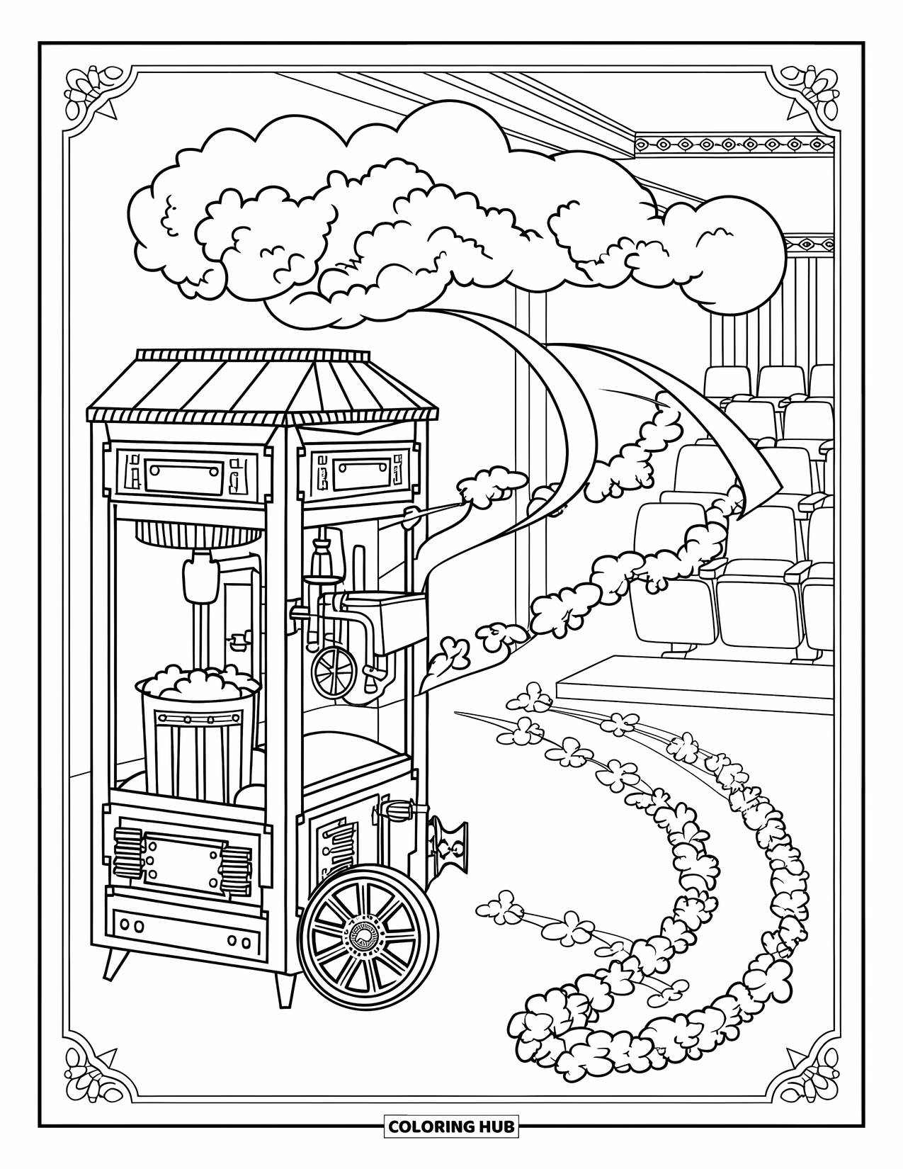 Popcorn Coloring Page for Adults: An old-fashioned popcorn machine with gears and steam in a cinematic setting
