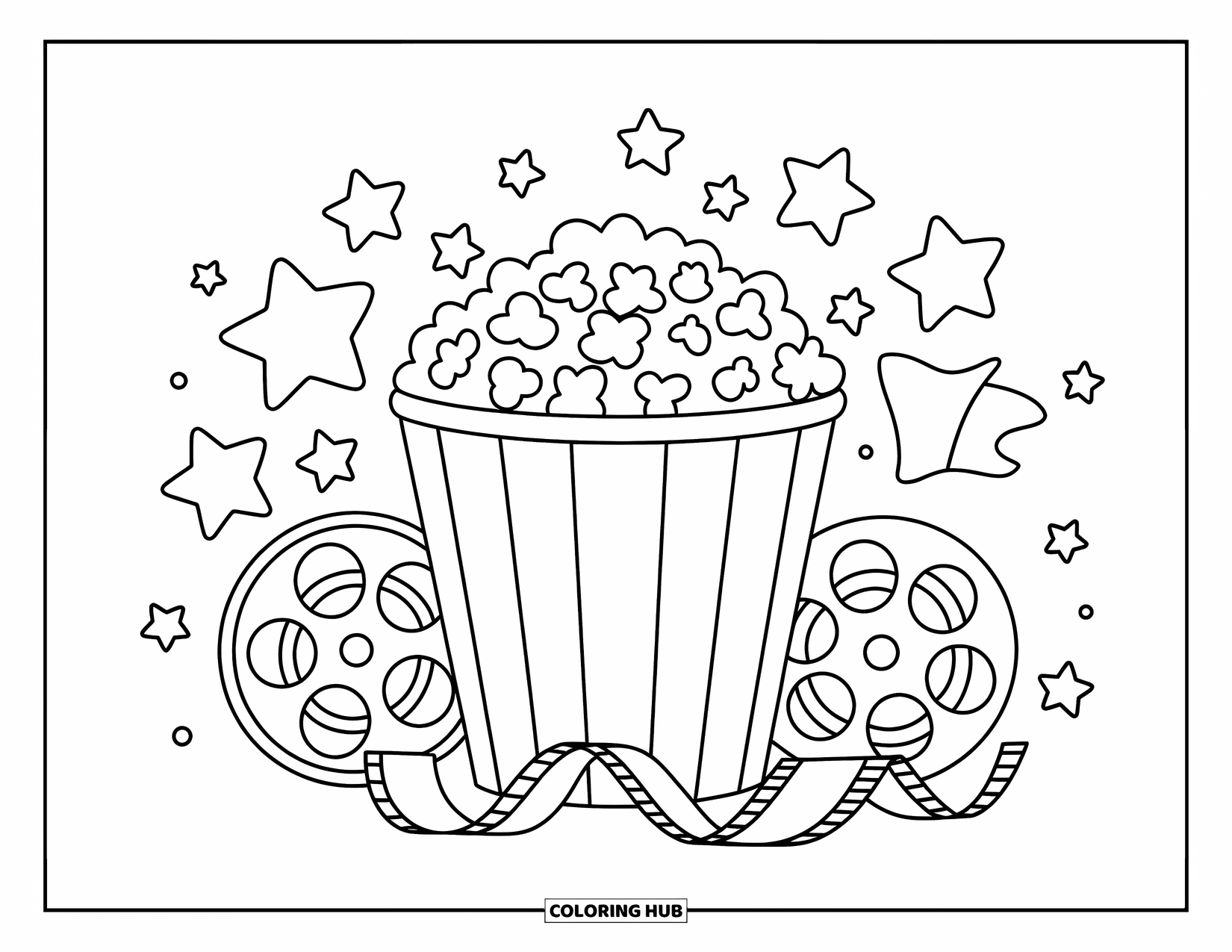 Popcorn Coloring Page for Kids: A big popcorn bucket with stars and movie reels arranged in a fun circle
