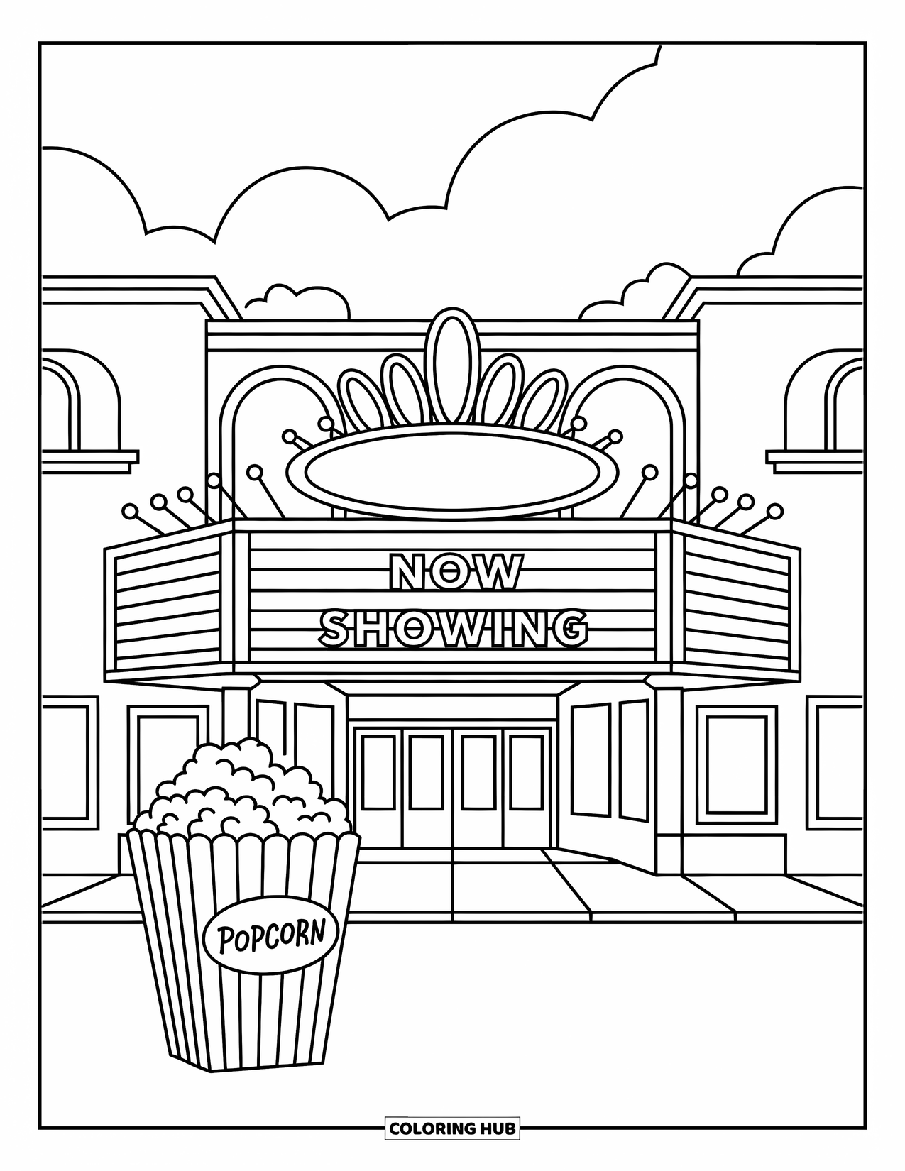 Popcorn Coloring Page for Kids: A charming movie theater with a popcorn stand and glowing marquee sign