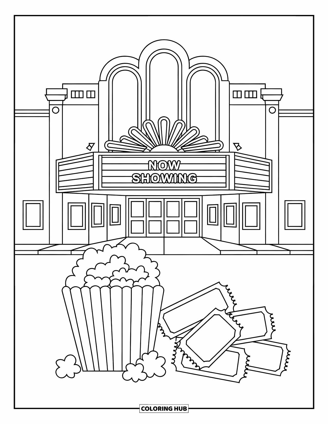 Popcorn Coloring Page for Kids: A grand cinema entrance with arched windows, popcorn, and playful ticket details