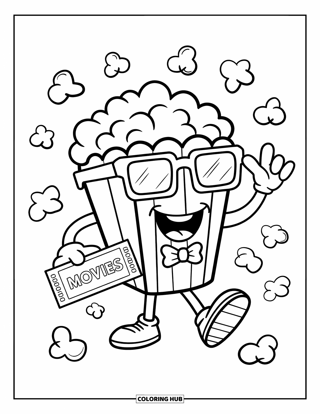 Popcorn Coloring Page for Kids: A happy popcorn figure with glasses and a ticket smiles in a playful movie pose