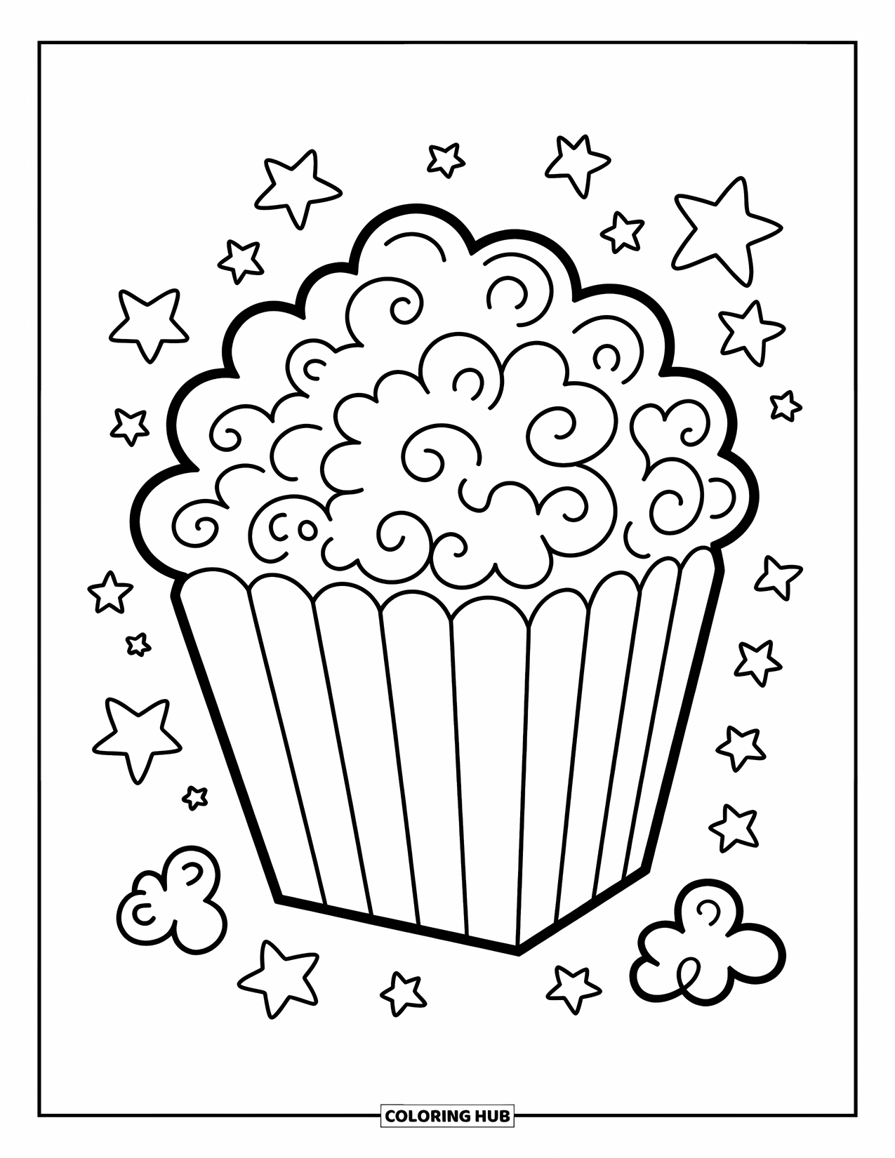 Popcorn Coloring Page for Kids: A joyful popcorn piece with stars and spirals pops with fun shapes and energy