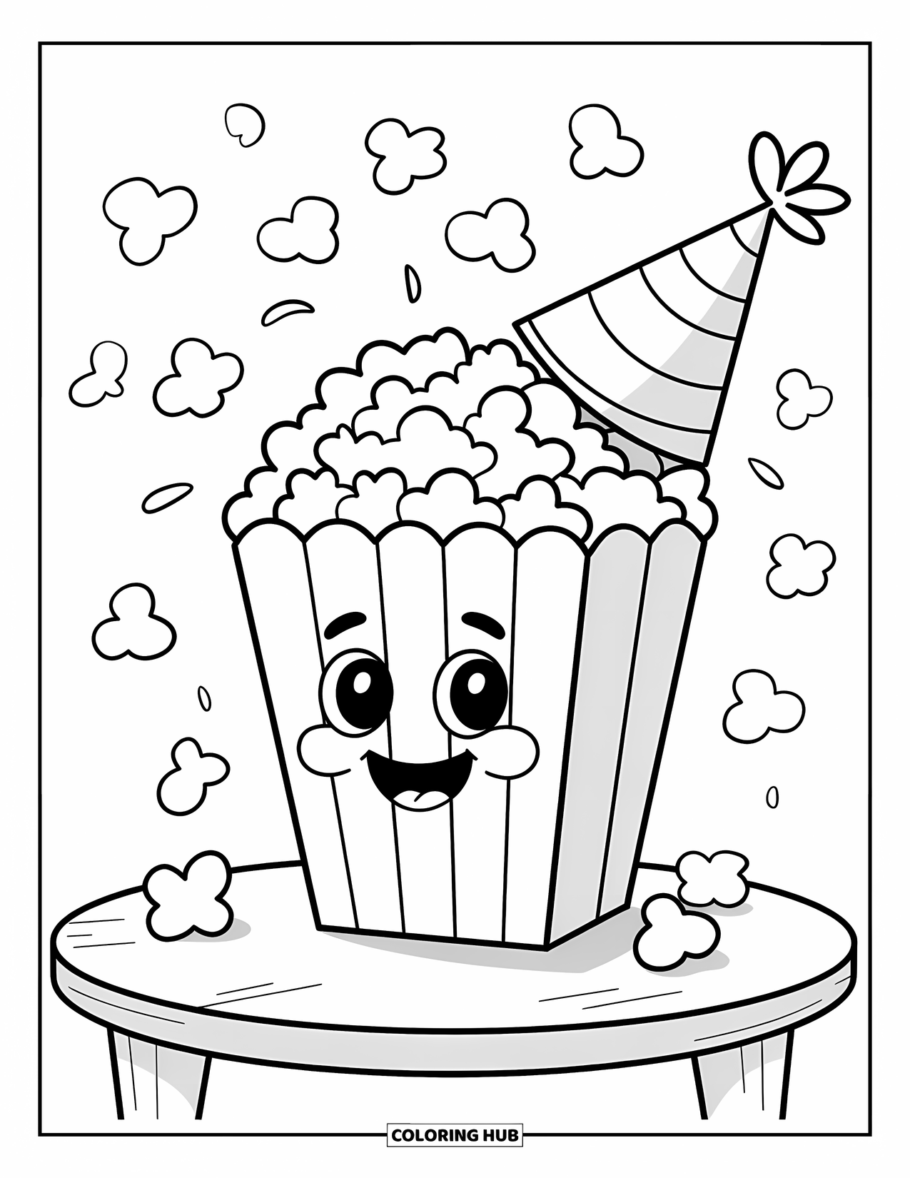 Popcorn Coloring Page for Kids: A party-ready popcorn bucket smiles wide as popcorn scatters across the tabletop