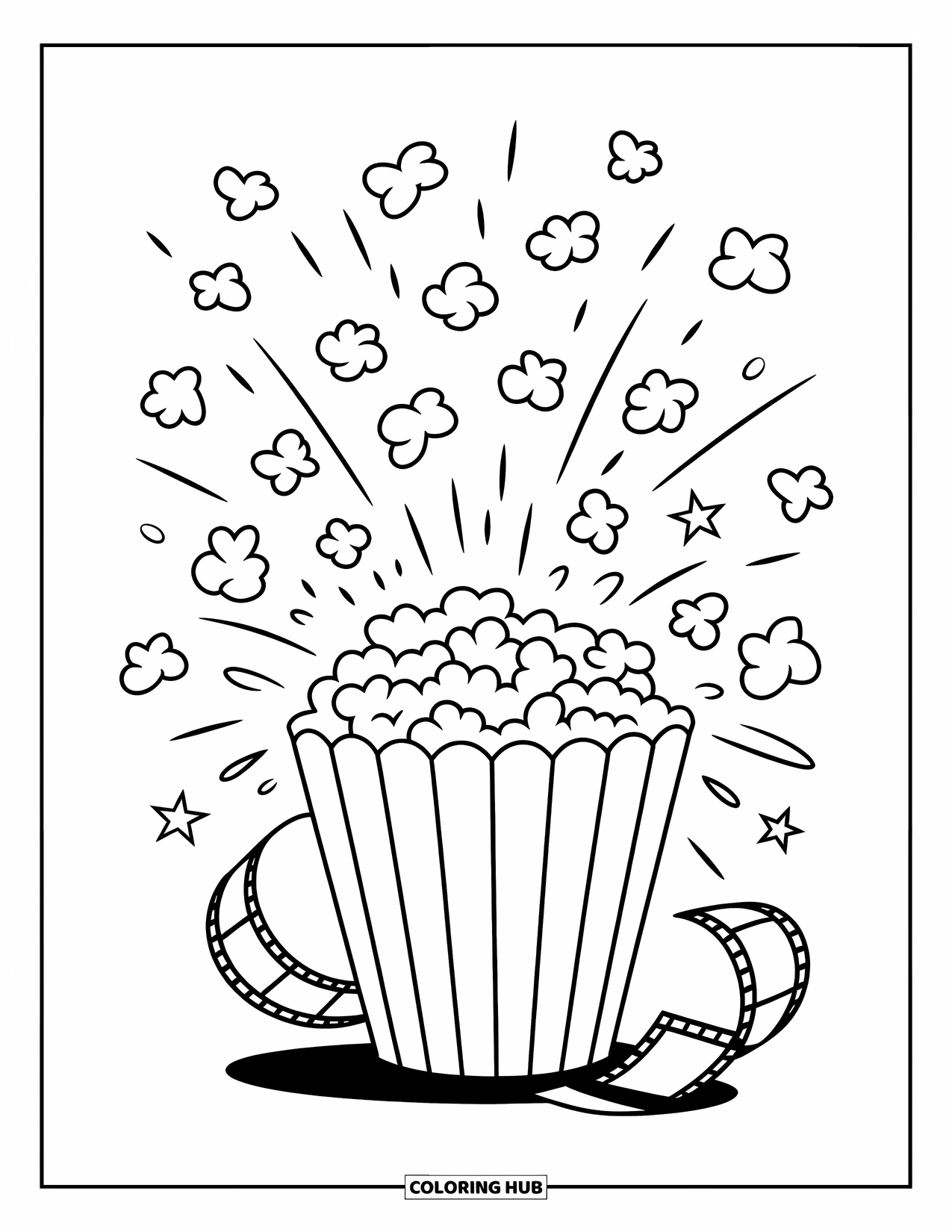 Popcorn Coloring Page for Kids: A popcorn bucket sends popcorn flying into a bold, movie-inspired cloud