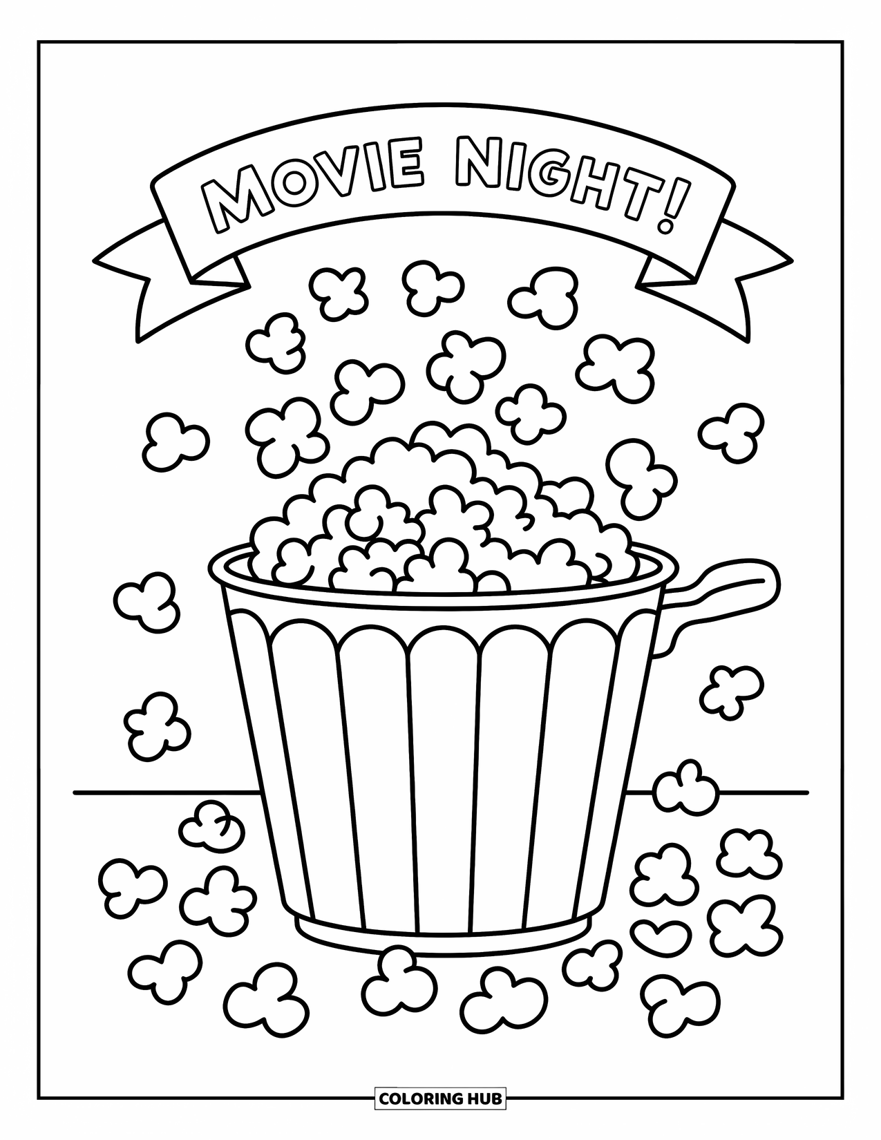Popcorn Coloring Page for Kids: A popper and spiraling popcorn sit under a cheerful "Movie Night!" banner