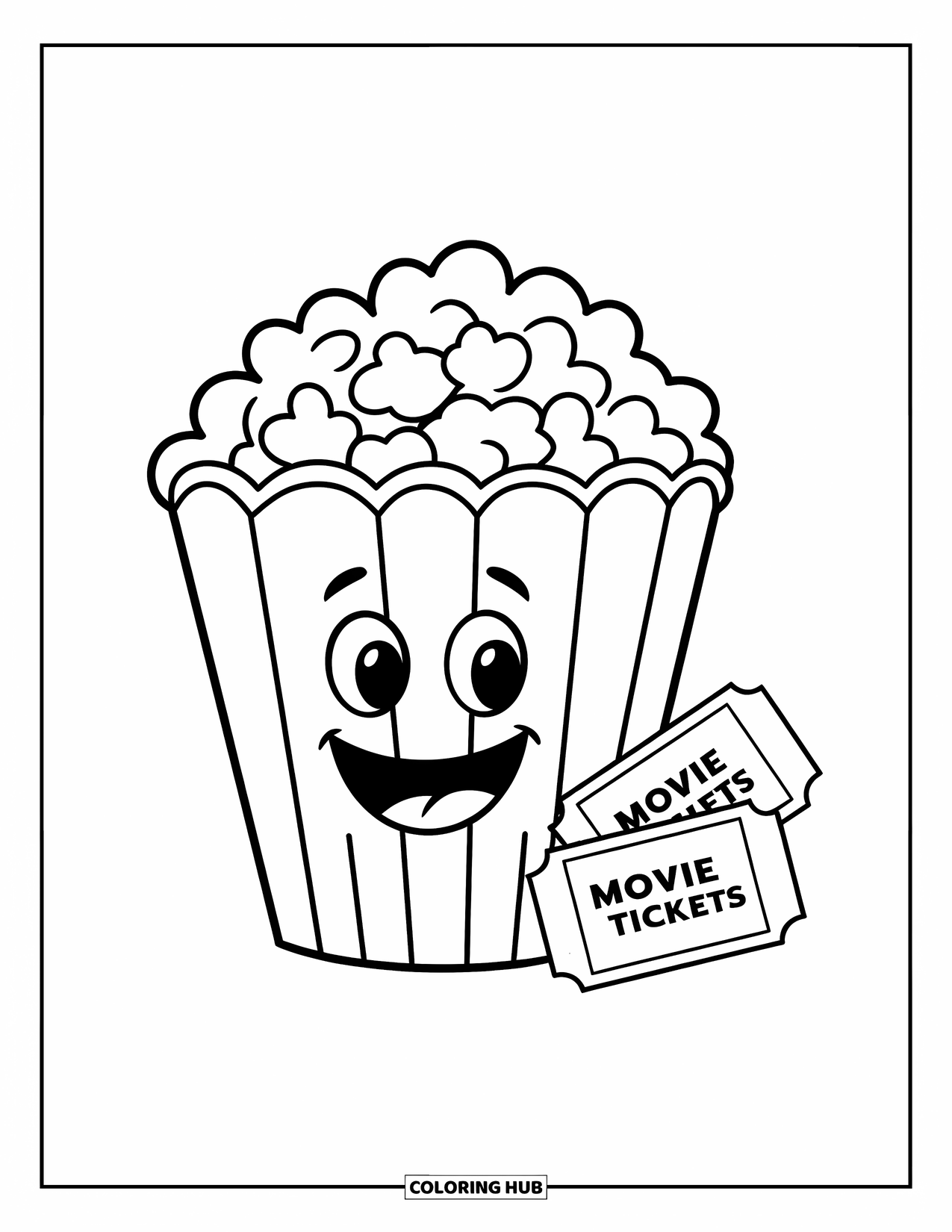Popcorn Coloring Page for Kids: A smiling popcorn bucket sits with movie tickets tucked neatly by its side