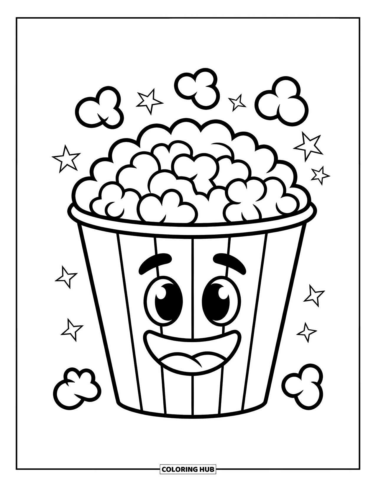 Popcorn Coloring Page for Kids: A smiling popcorn bucket with stars around it bursts with big, bouncy kernels