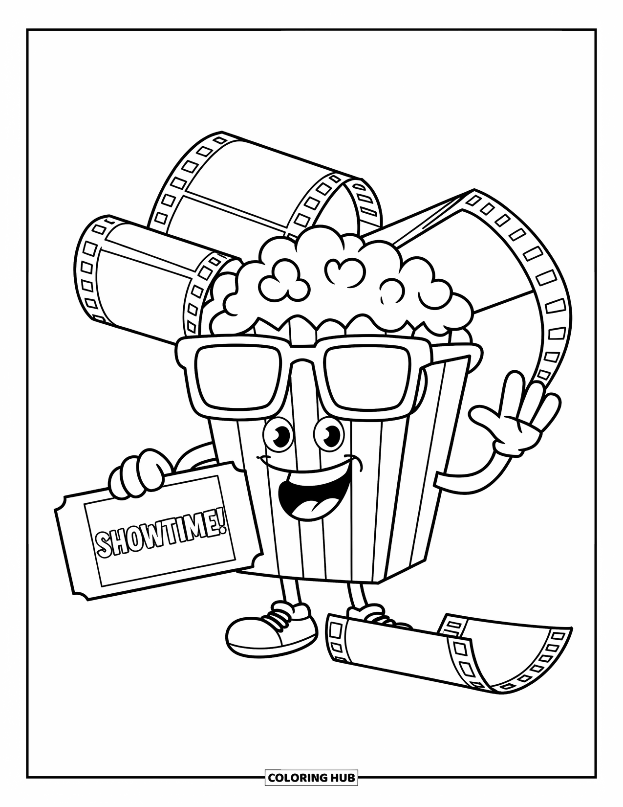Popcorn Coloring Page for Kids: A smiling popcorn buddy with 3D glasses holds a ticket in front of film reels