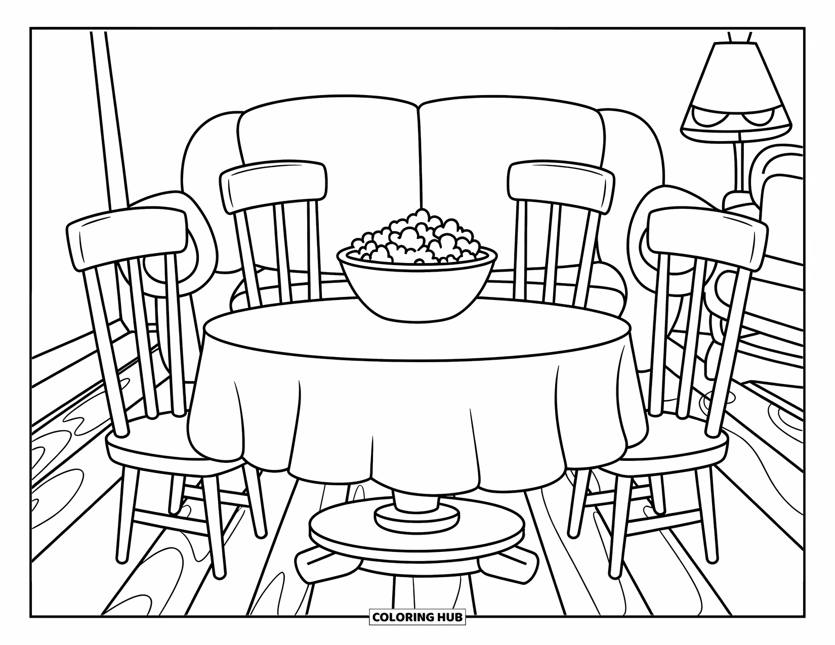 Popcorn Coloring Page for Kids: A warm family setting with a round table and a popcorn bowl in the middle