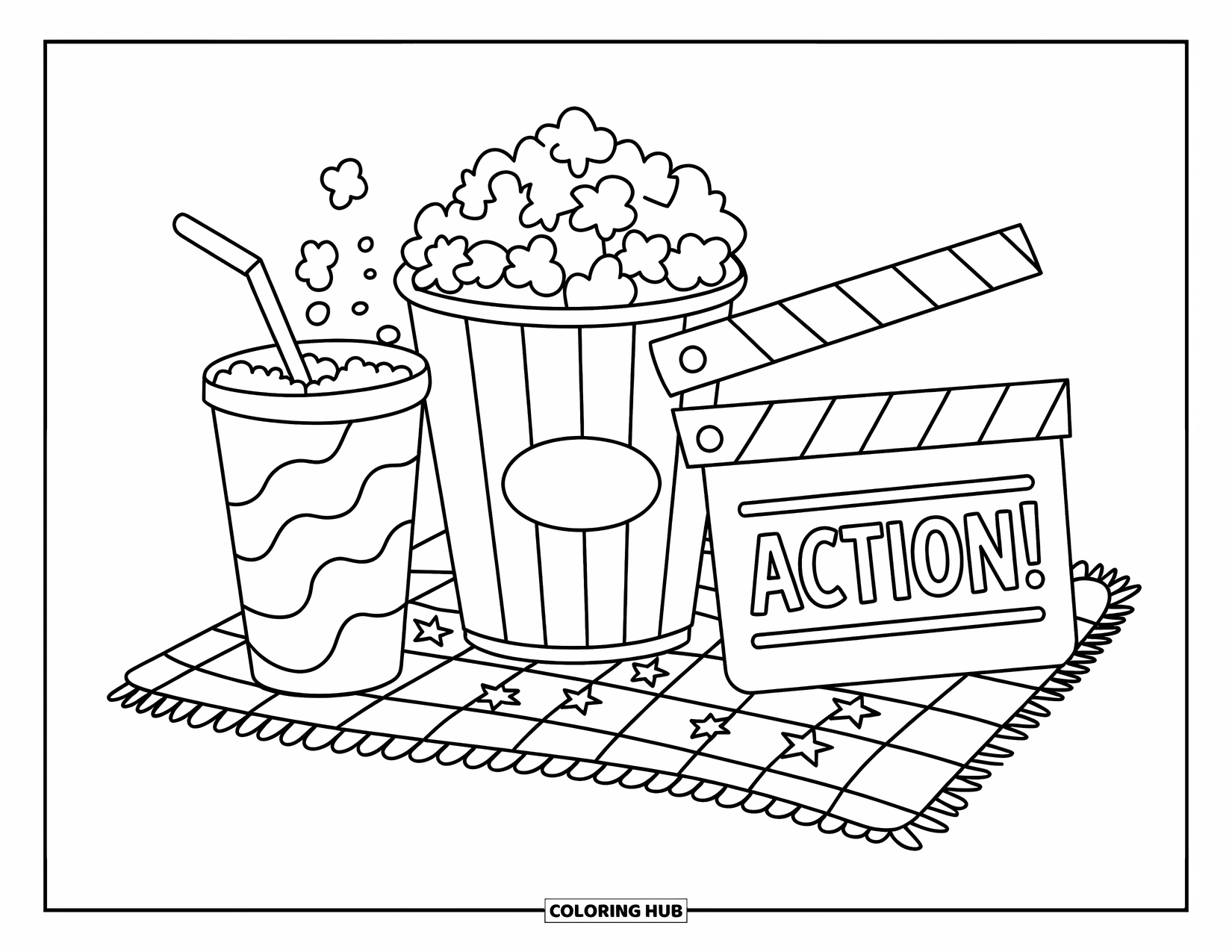 Popcorn Coloring Page for Kids: Popcorn, soda, and a tilted clapperboard rest on a blanket with scattered stars