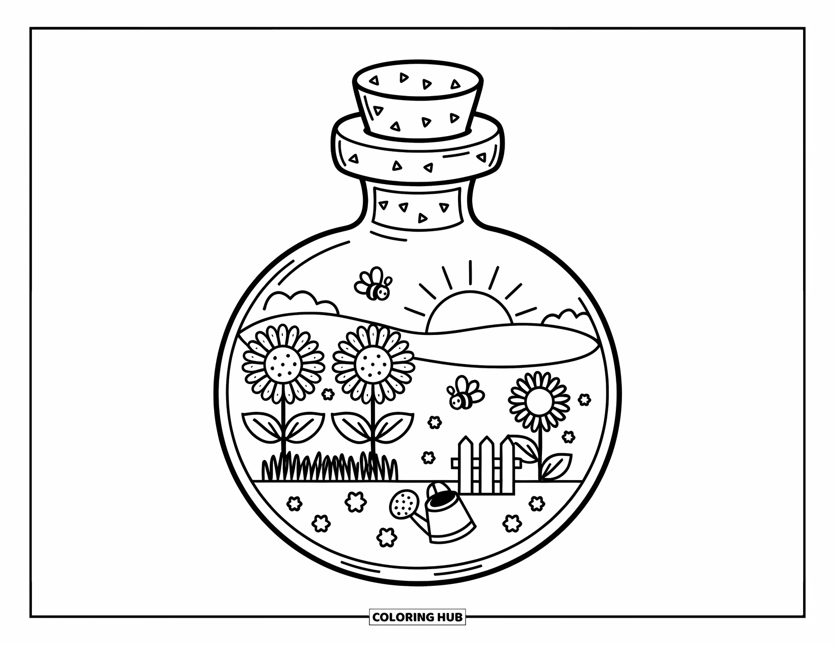Potion Coloring Page for Adults: Cozy sunflower garden with a tiny fence and bees inside a round potion bottle