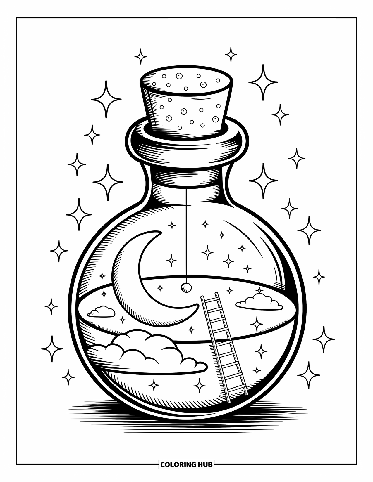 Potion Coloring Page for Adults: Crescent moon and starry sky twinkle inside a round bottle with floating clouds