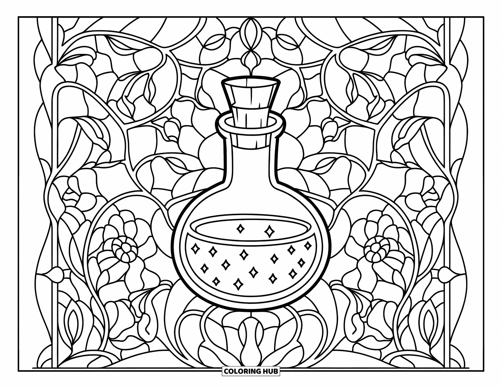 Potion Coloring Page for Adults: Crystal potion flask with floral stained glass and swirling vines all around