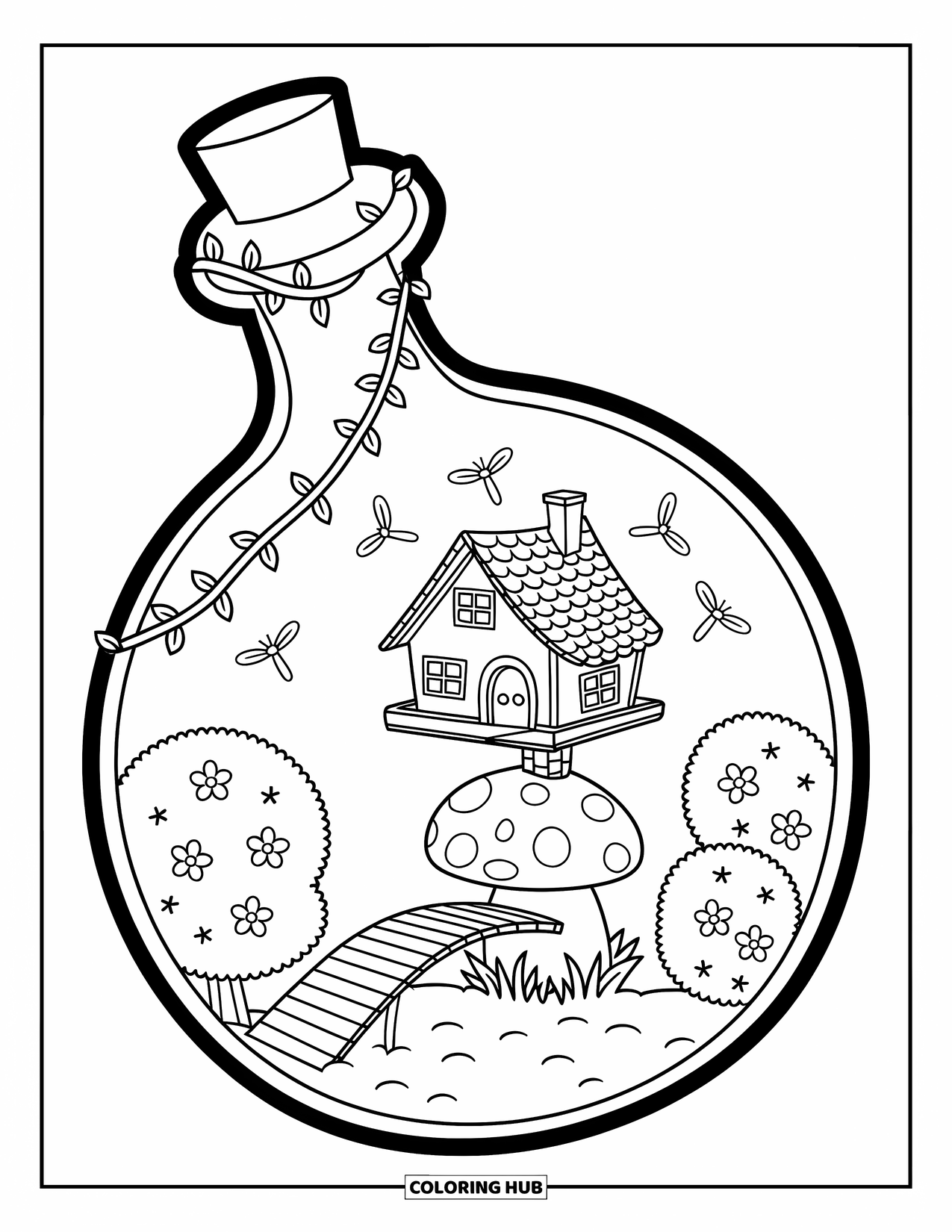 Potion Coloring Page for Adults: Forest treehouse, flower bushes, and fireflies glow inside a leaf-shaped bottle