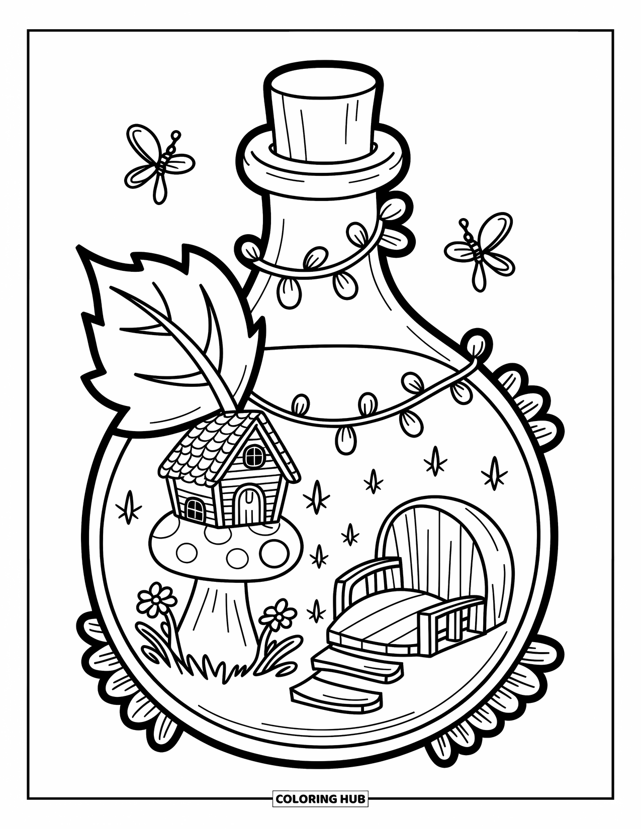 Potion Coloring Page for Adults: Leaf-shaped bottle hides a forest nook with a toadstool treehouse and fireflies