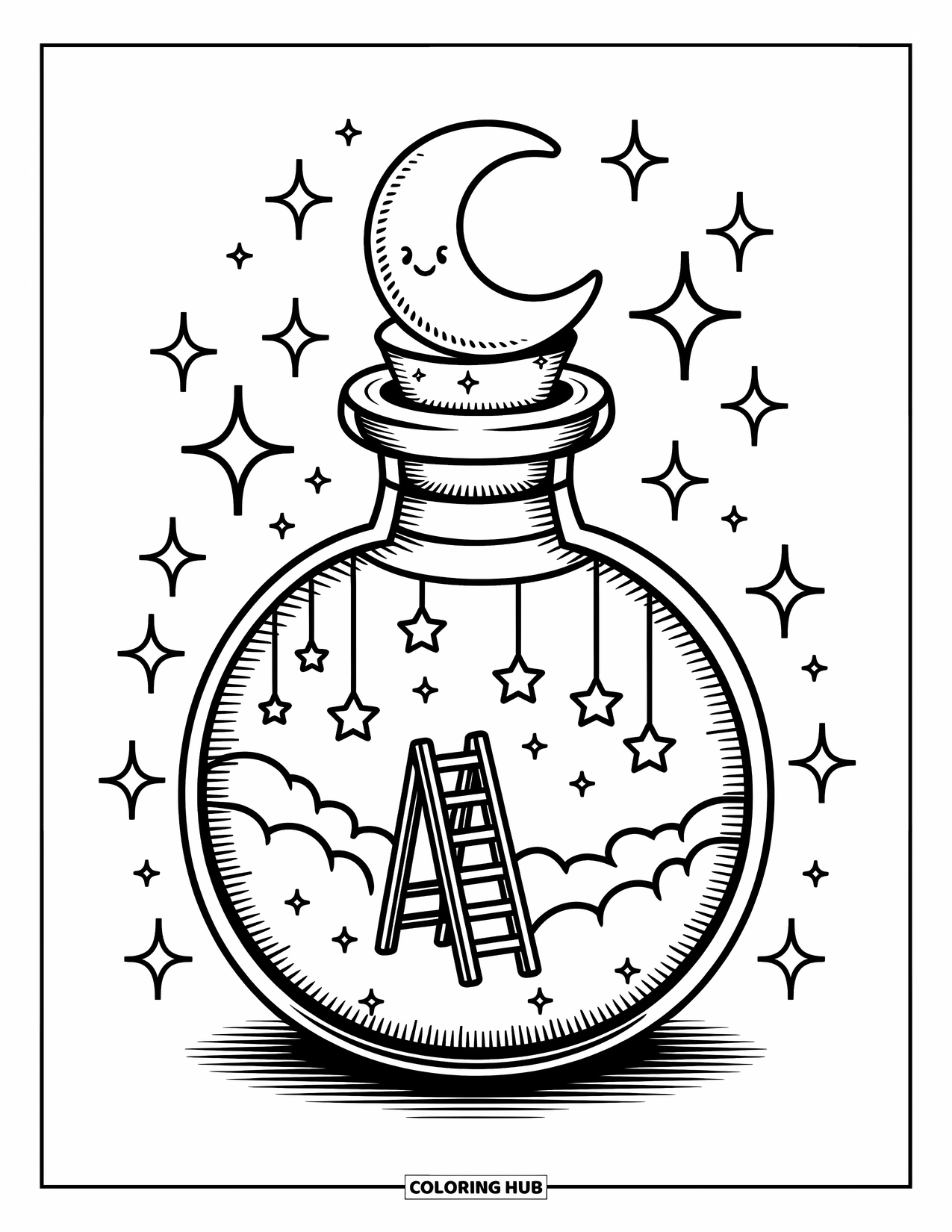 Potion Coloring Page for Adults: Moon bottle glows with clouds, hanging stars, and a tiny ladder inside