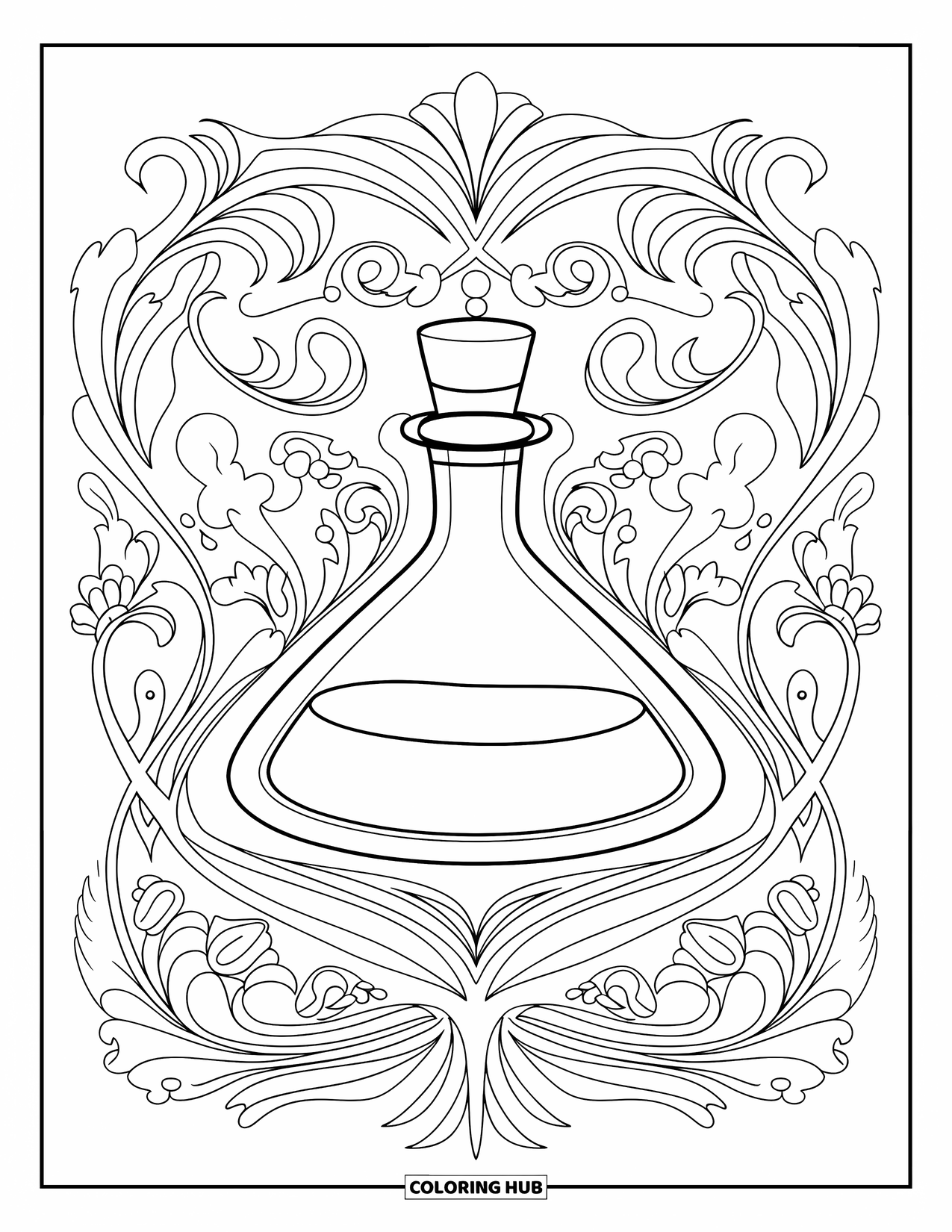 Potion Coloring Page for Adults: Ornate floral swirls and vines circle a triangular potion bottle