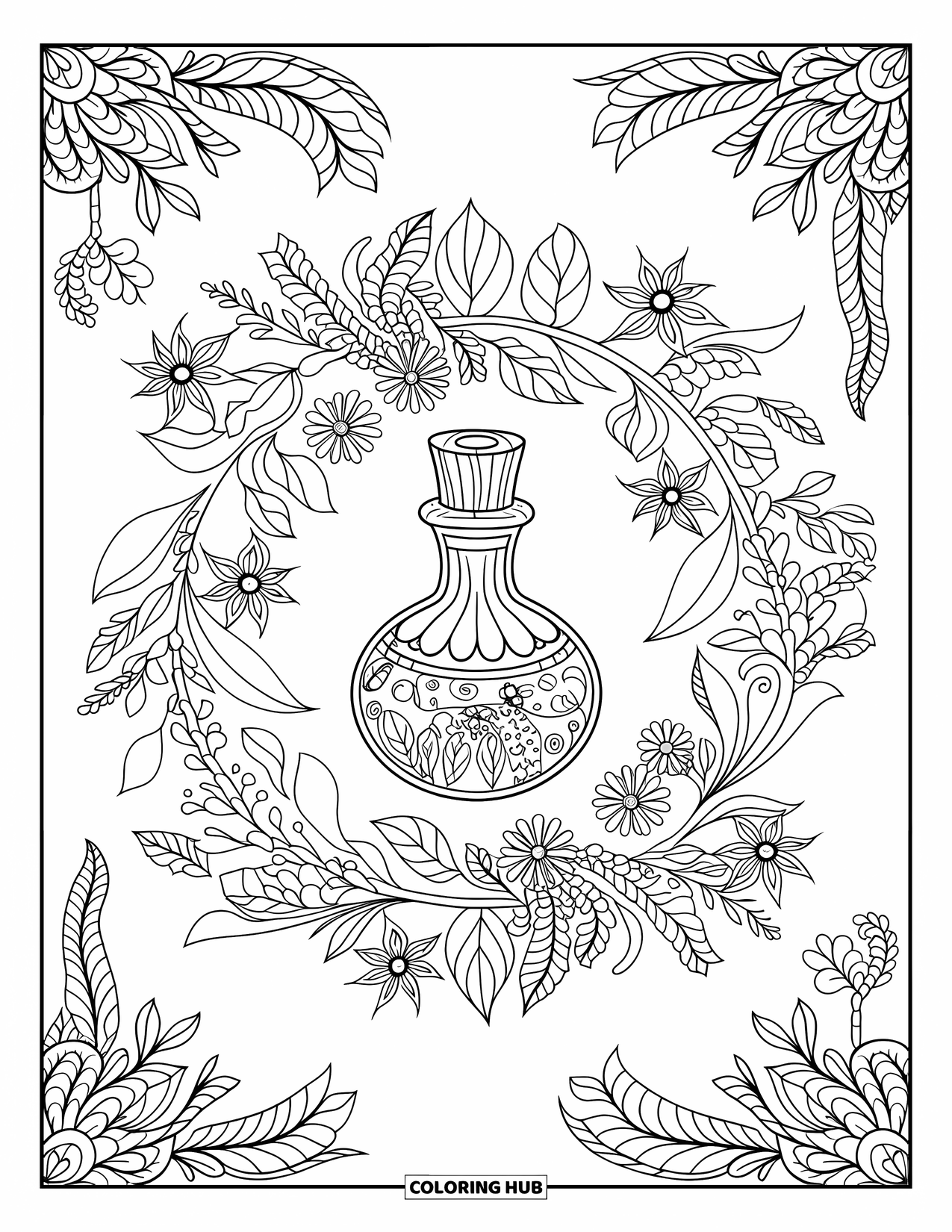 Potion Coloring Page for Adults: Ornate potion bottle sits at the heart of a botanical mandala of vines and flowers