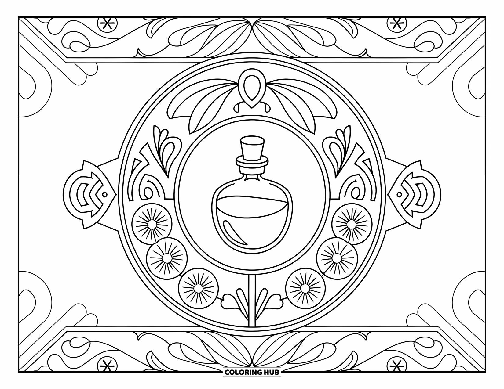 Potion Coloring Page for Adults: Potion bottle with wax seal framed by detailed floral and mystical designs