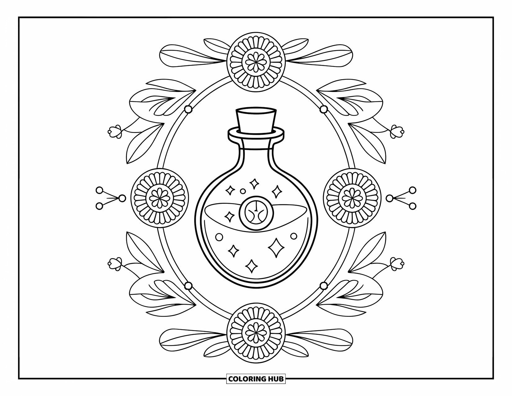 Potion Coloring Page for Adults: Potion bottle with wax seal surrounded by floral patterns and mystical symbols