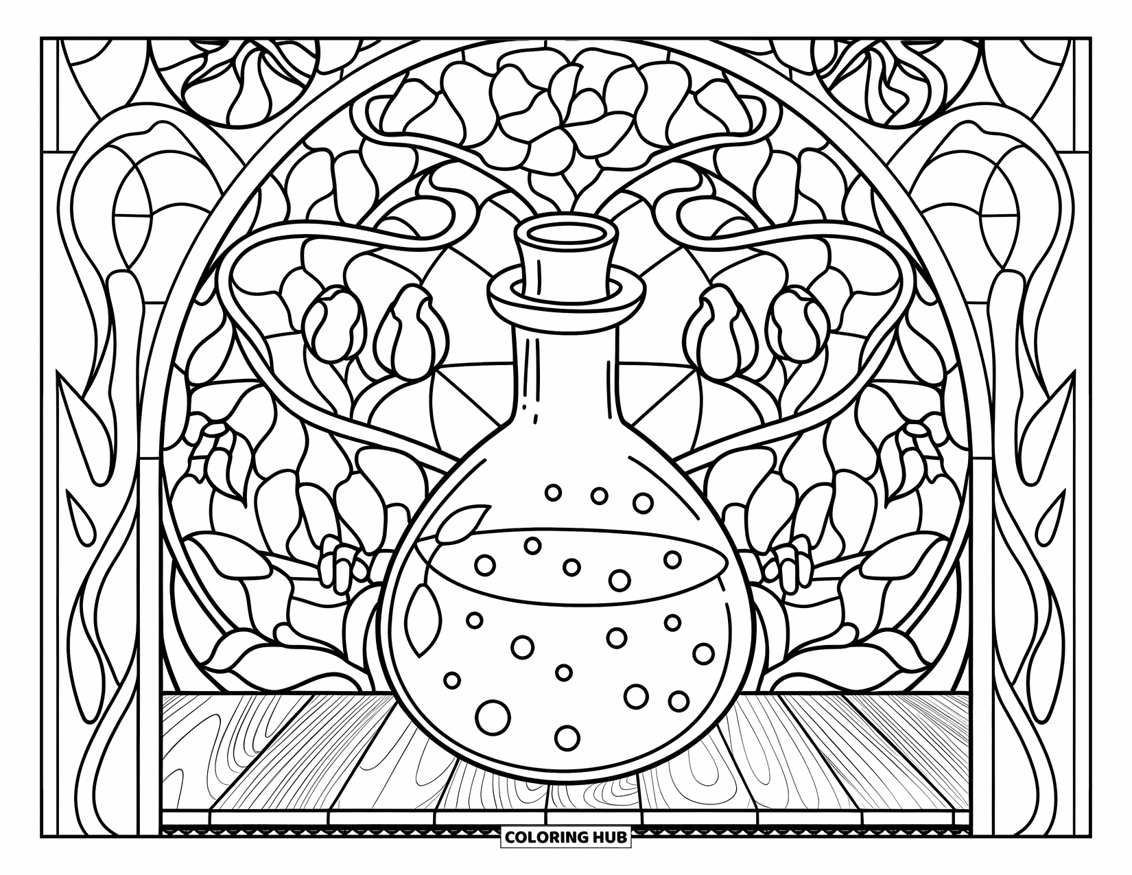 Potion Coloring Page for Adults: Potion flask on a wooden surface framed by stained glass flowers and vines