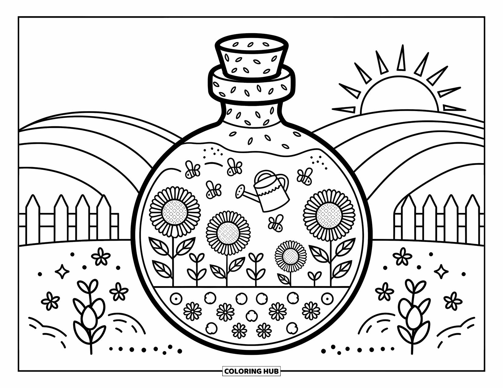 Potion Coloring Page for Adults: Round potion bottle filled with sunflowers, bees, and a sunny garden fence