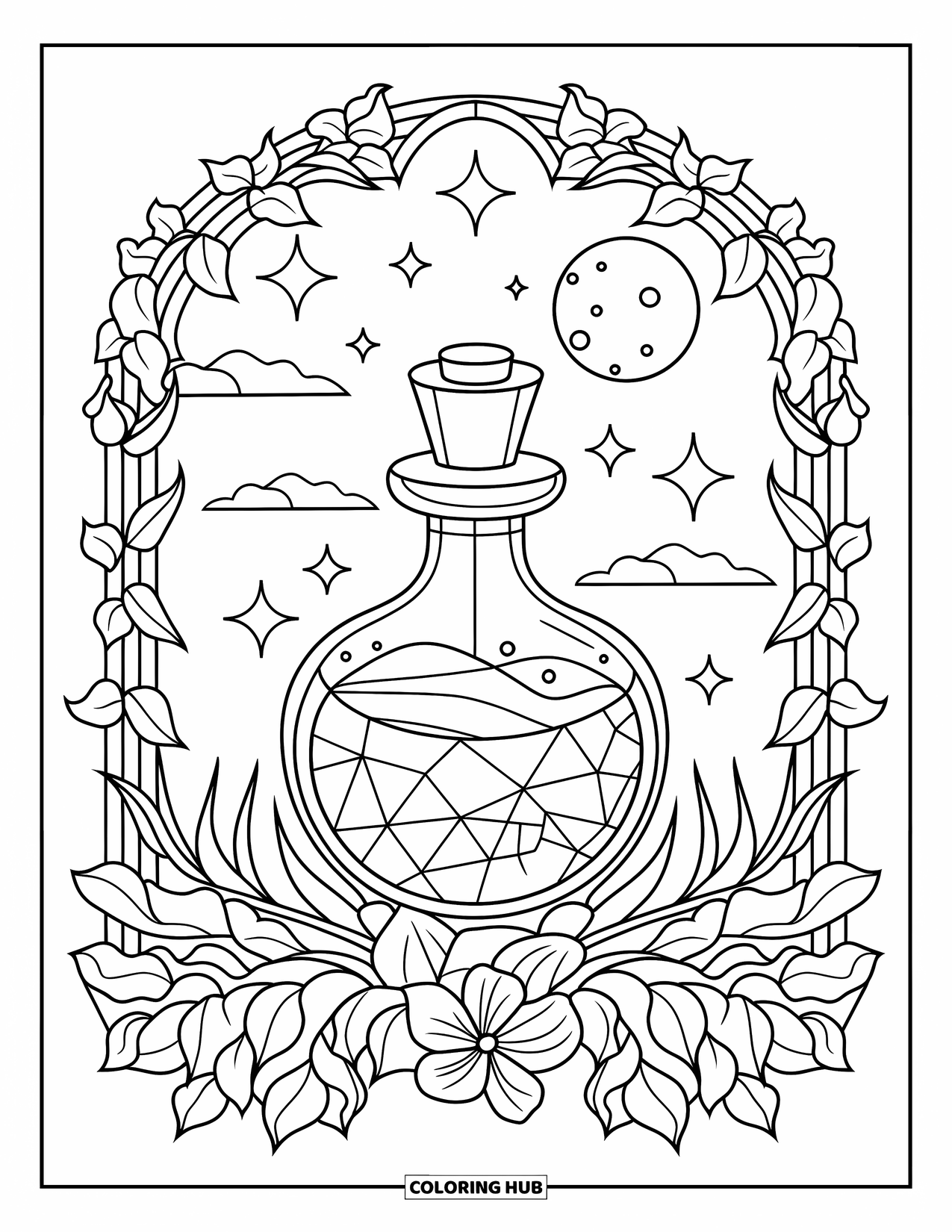 Potion Coloring Page for Adults: Stained glass potion bottle surrounded by ivy, moonflowers, stars, and a moon