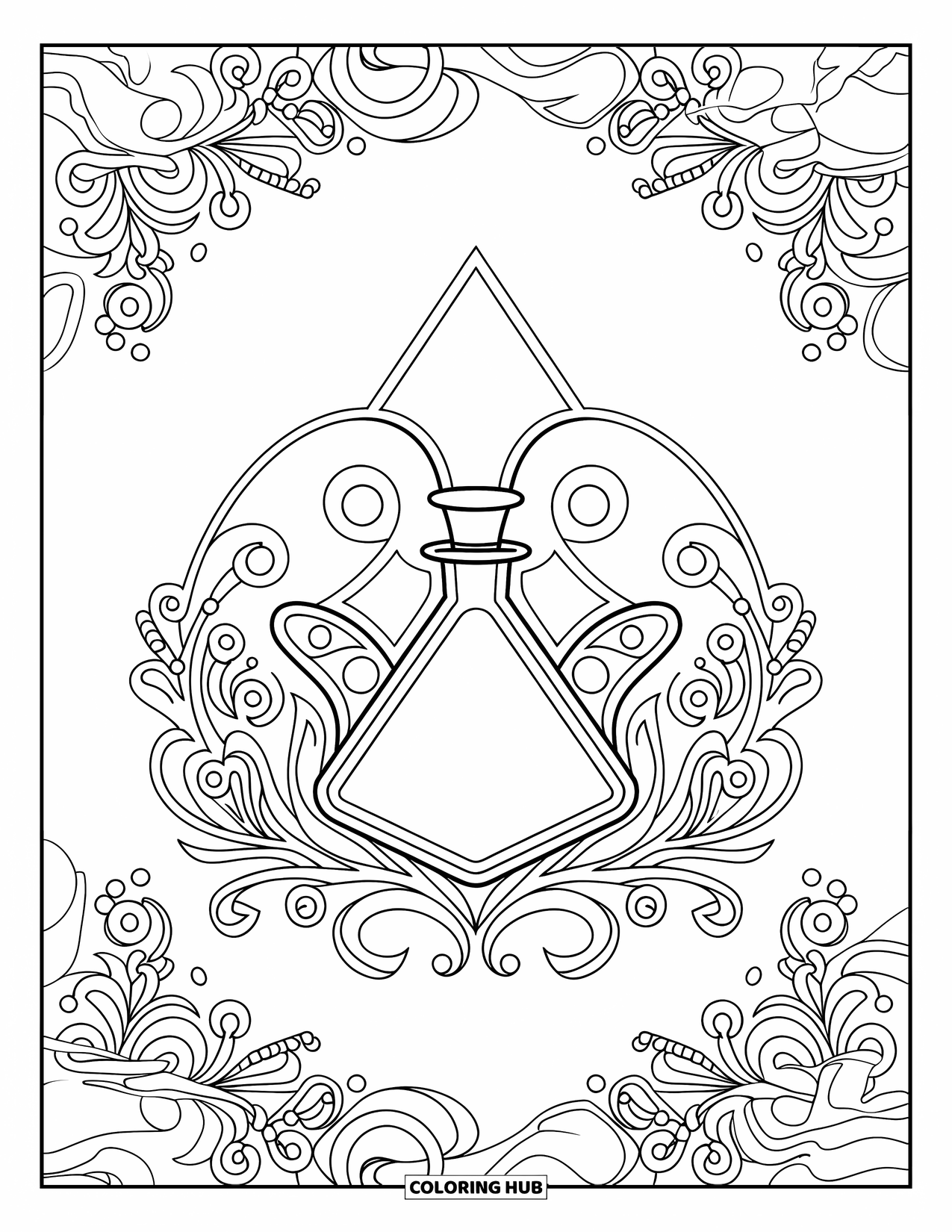 Potion Coloring Page for Adults: Swirling floral vines and patterns wrap around a triangular potion bottle