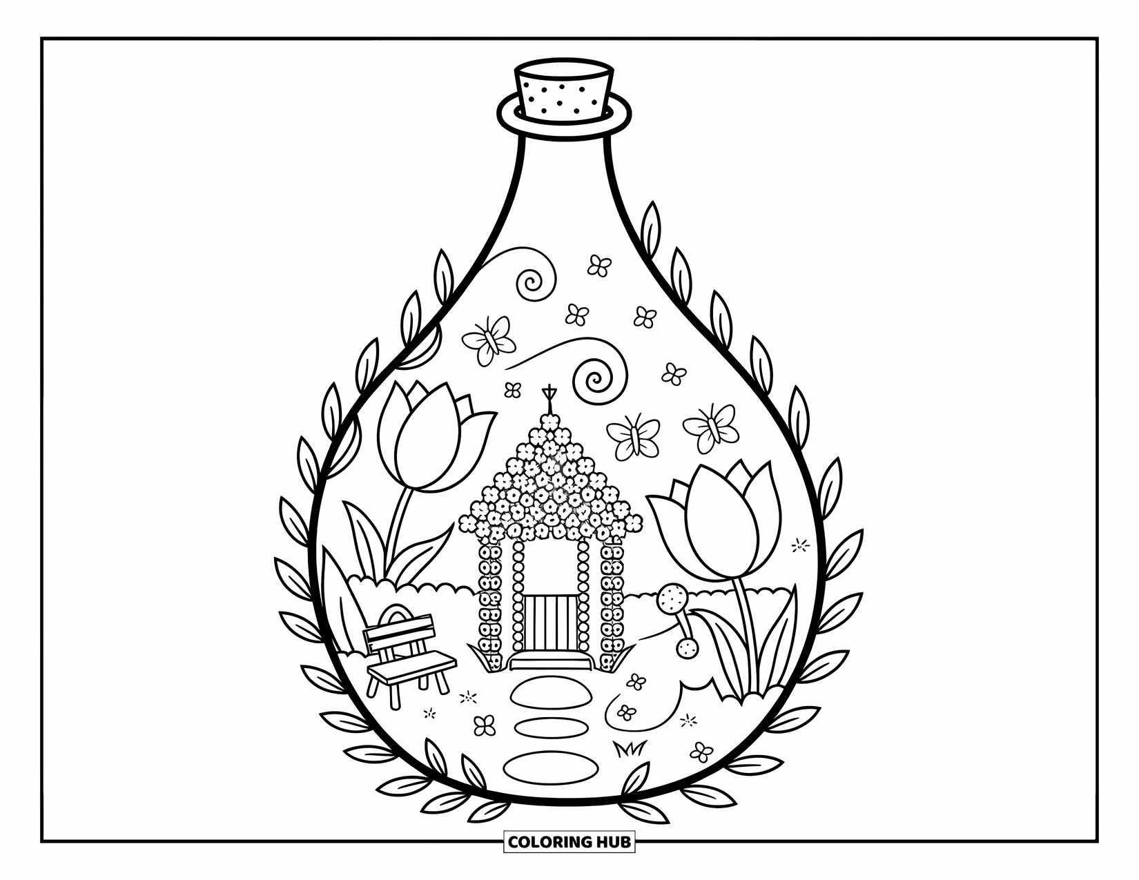 Potion Coloring Page for Adults: Tiny garden of tulips and butterflies with a flower gazebo rests in a teardrop bottle