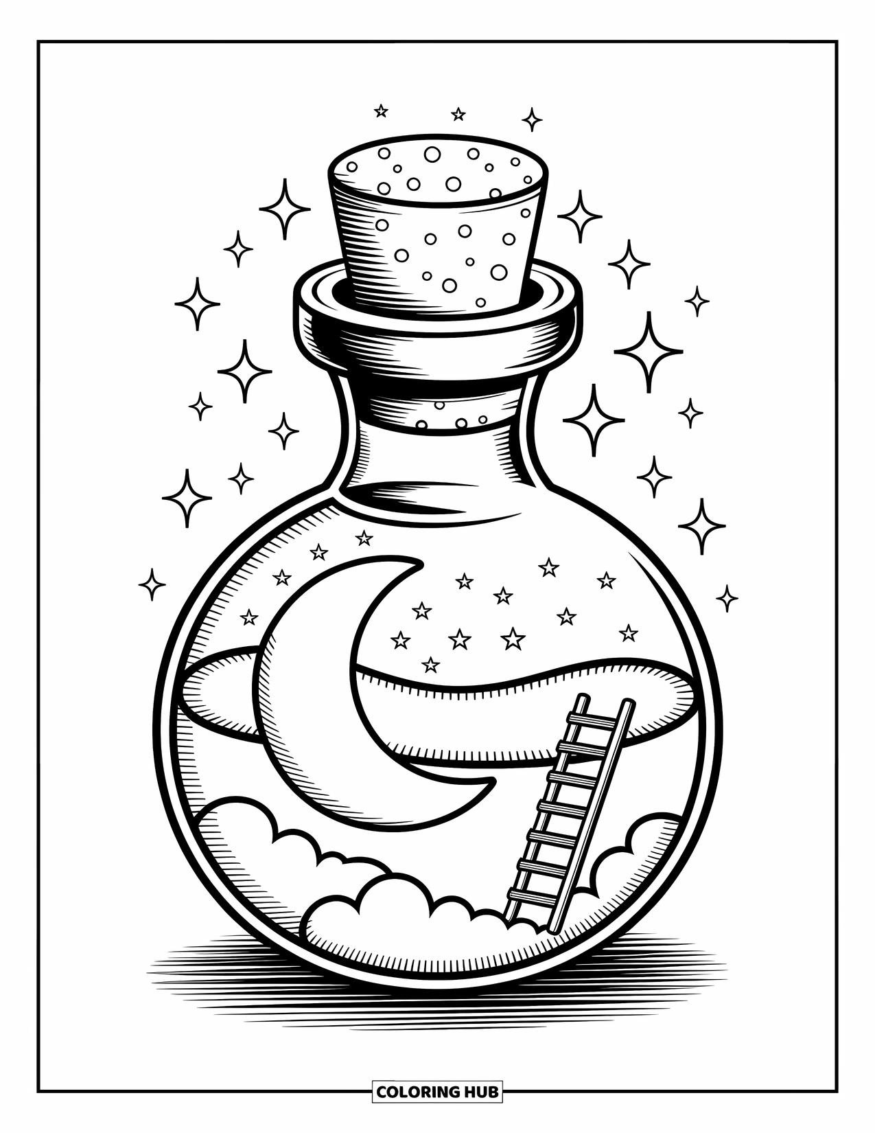 Potion Coloring Page for Adults: Tiny ladder climbs to the moon among clouds and stars inside a round bottle