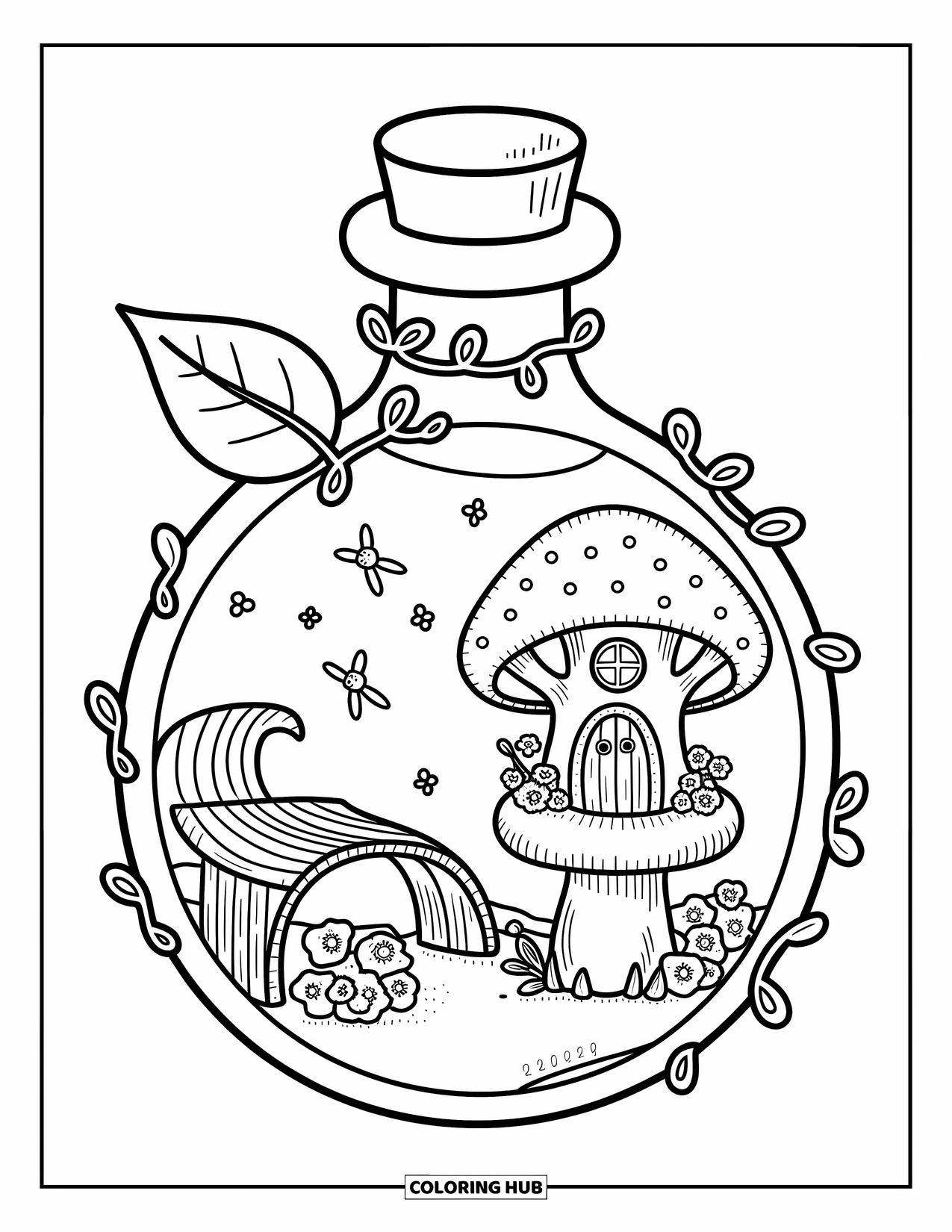 Potion Coloring Page for Adults: Treehouse in a toadstool and blooming bushes fill a leafy potion bottle