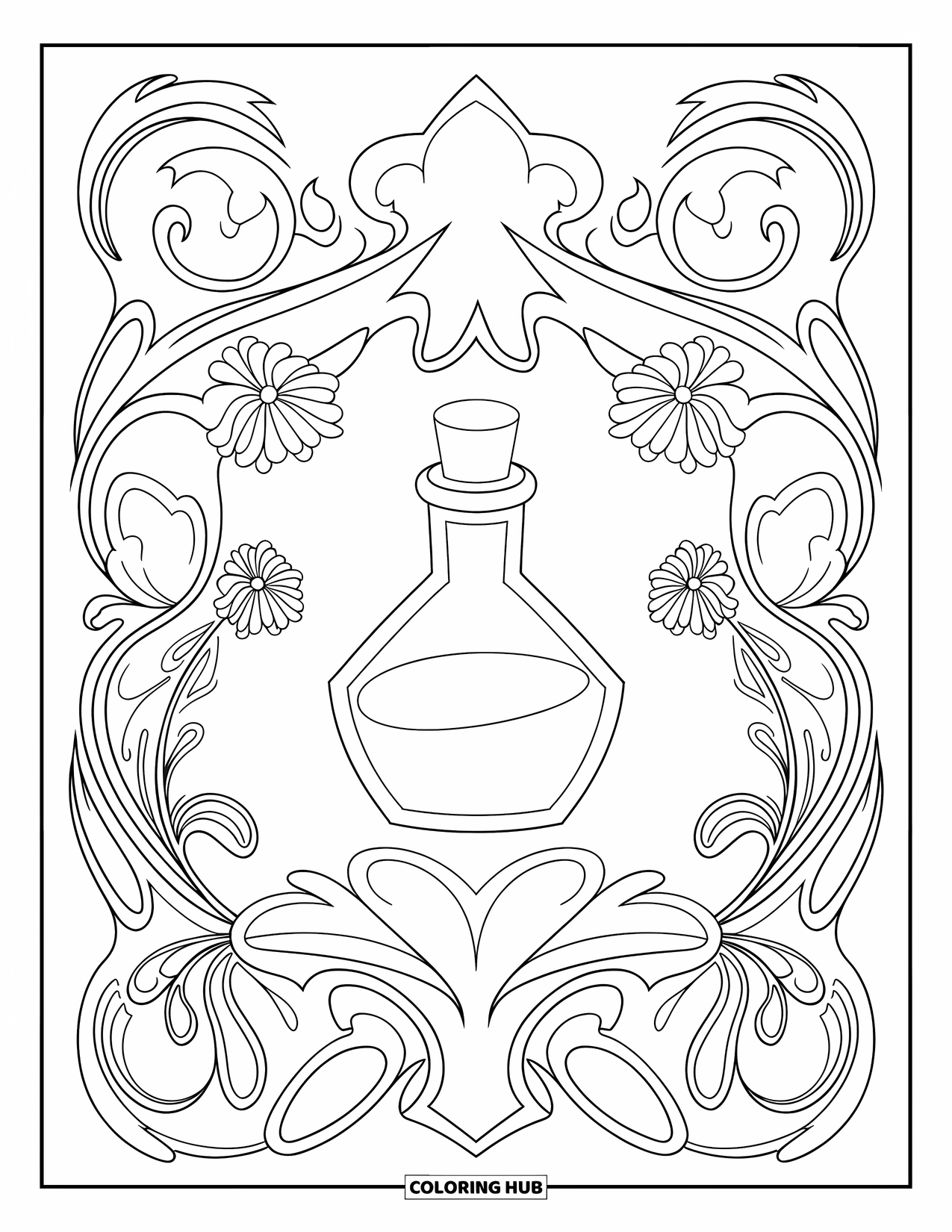 Potion Coloring Page for Adults: Triangular potion bottle surrounded by ornate swirls and floral vines