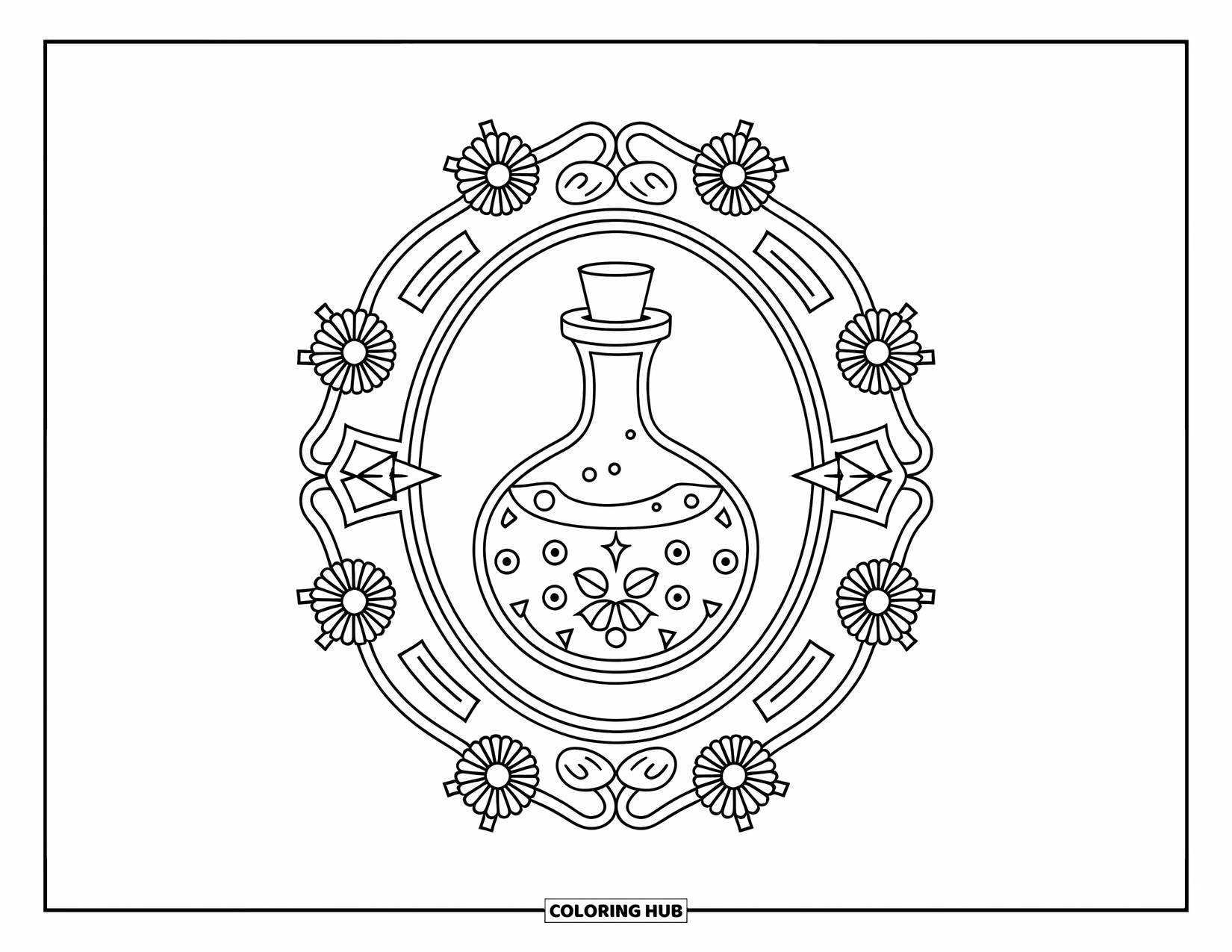Potion Coloring Page for Adults: Wax-sealed potion bottle with symmetrical flowers and mysterious symbols