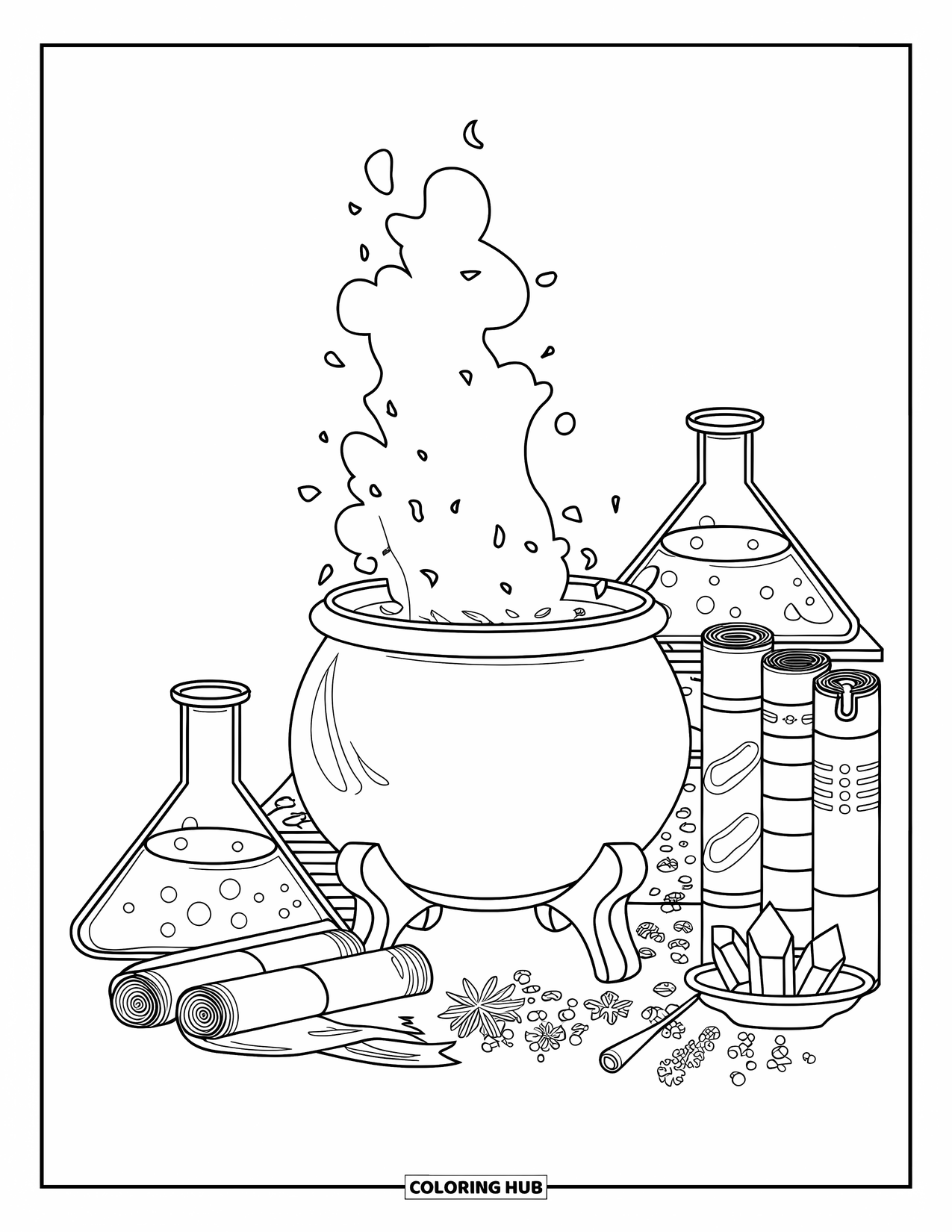 Potion Coloring Page for Kids: Bubbling cauldron sits among flasks, scrolls, herbs, and crystals on a wooden stand