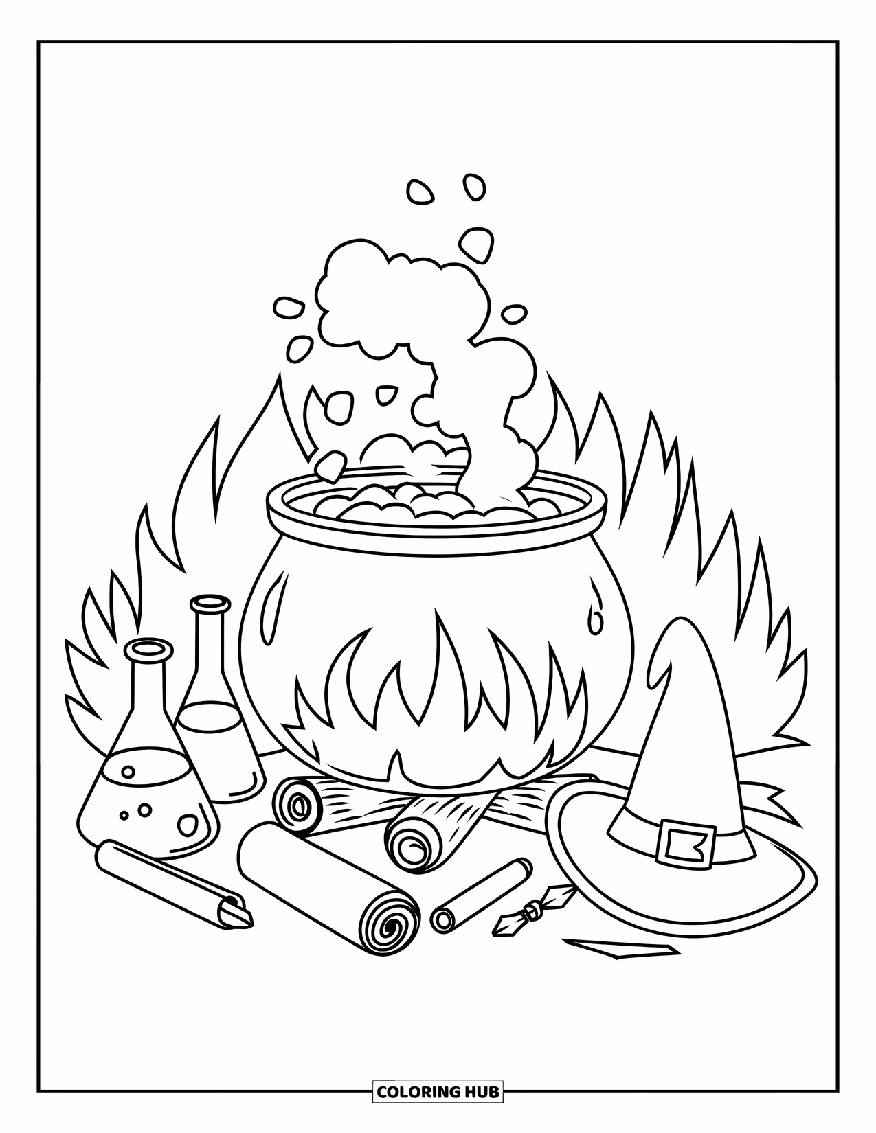Potion Coloring Page for Kids: Cauldron bubbles beside flasks, scrolls, and a witch hat in a dark setting