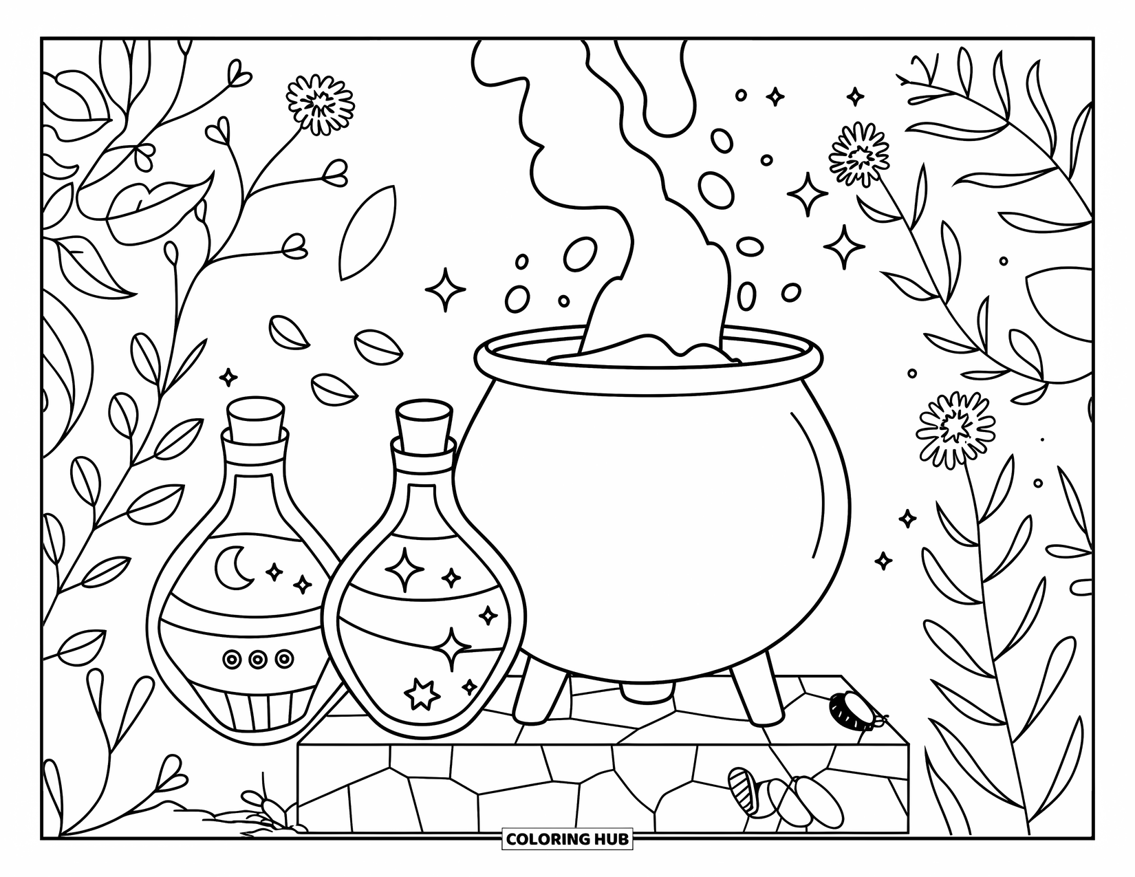 Potion Coloring Page for Kids: Cauldron bubbles while potions sit nearby, with plants and insects on the base