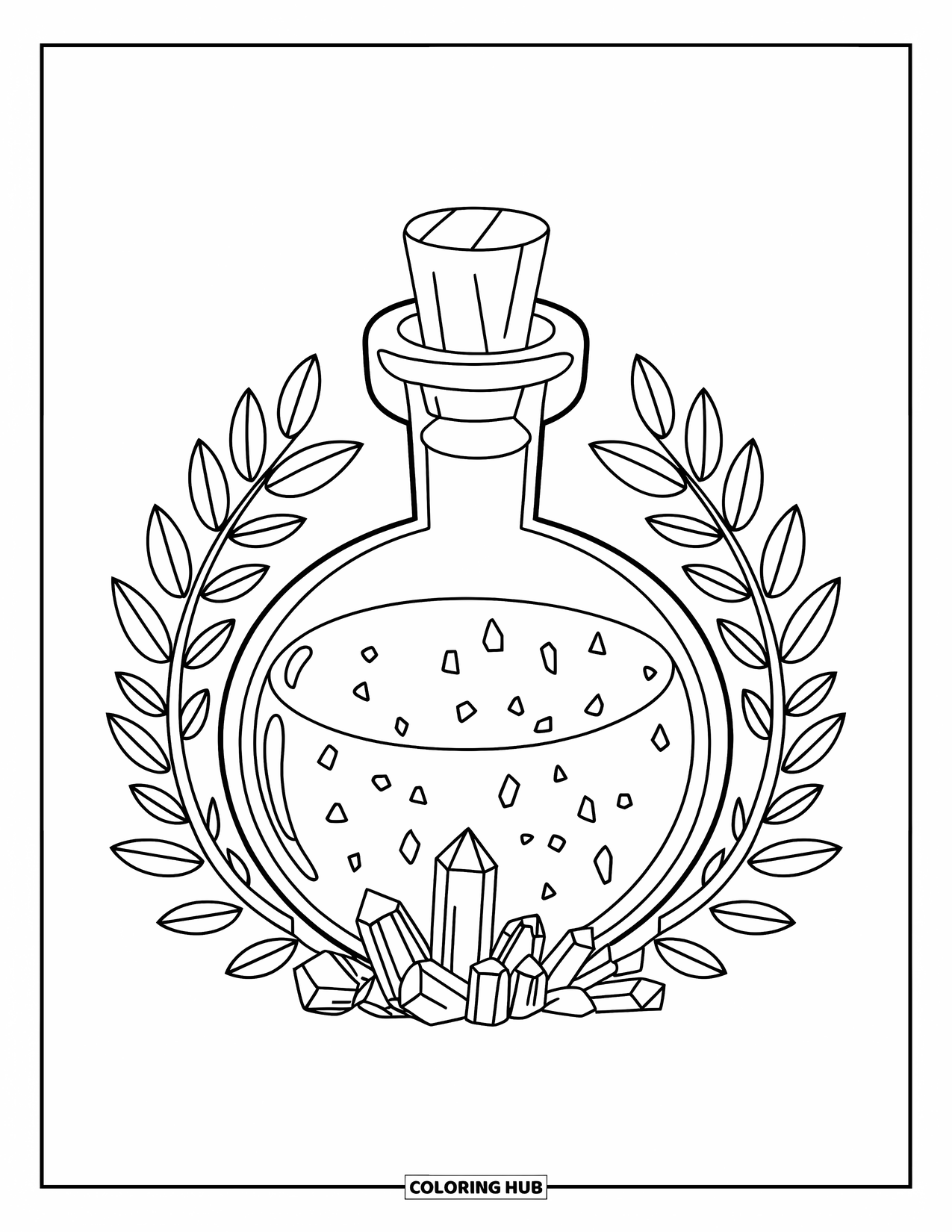 Potion Coloring Page for Kids: Glass potion bottle with crystals and leaves sits simply on a white page