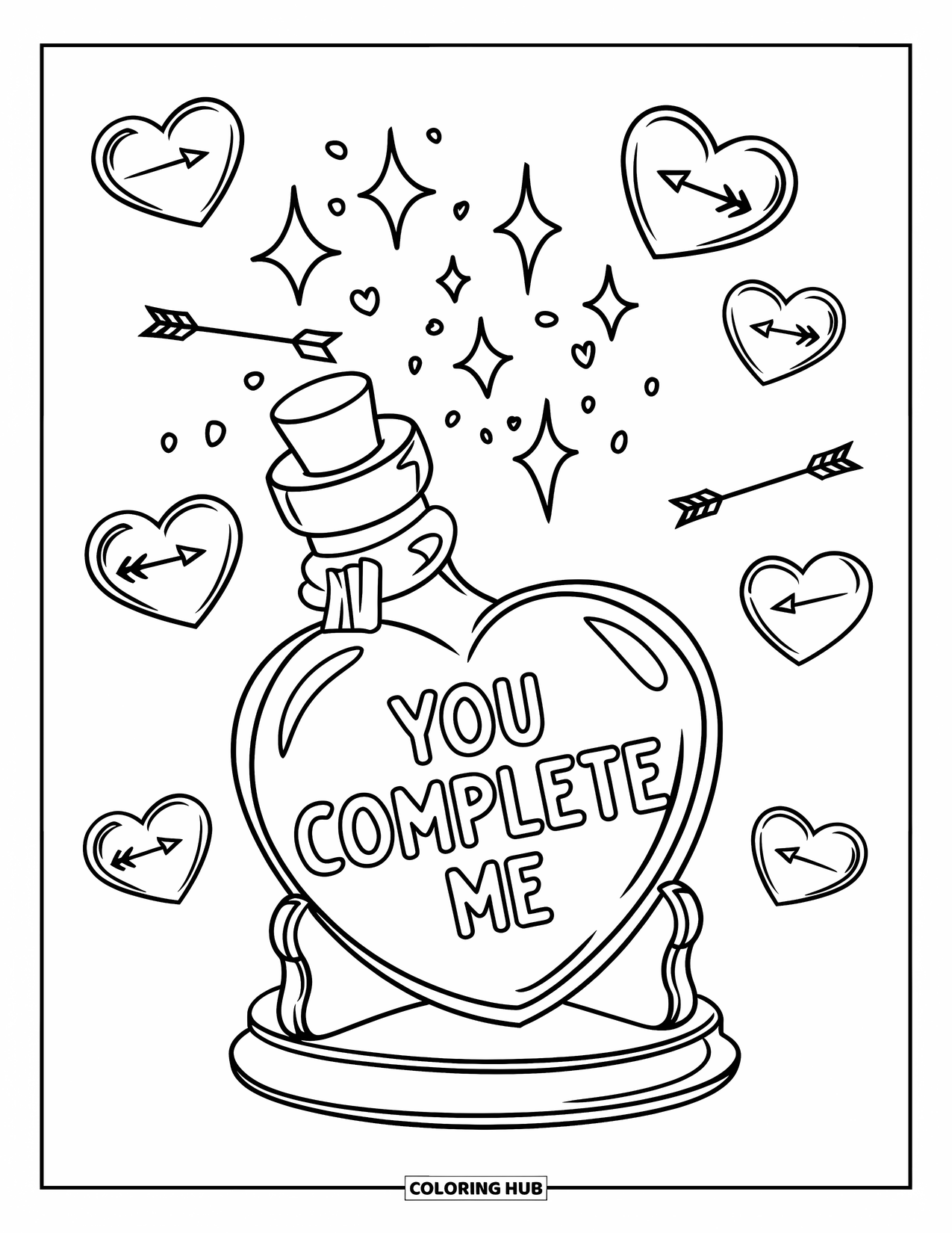 Potion Coloring Page for Kids: Heart bottle on a stand with hearts, arrows, and "You complete me" floating nearby