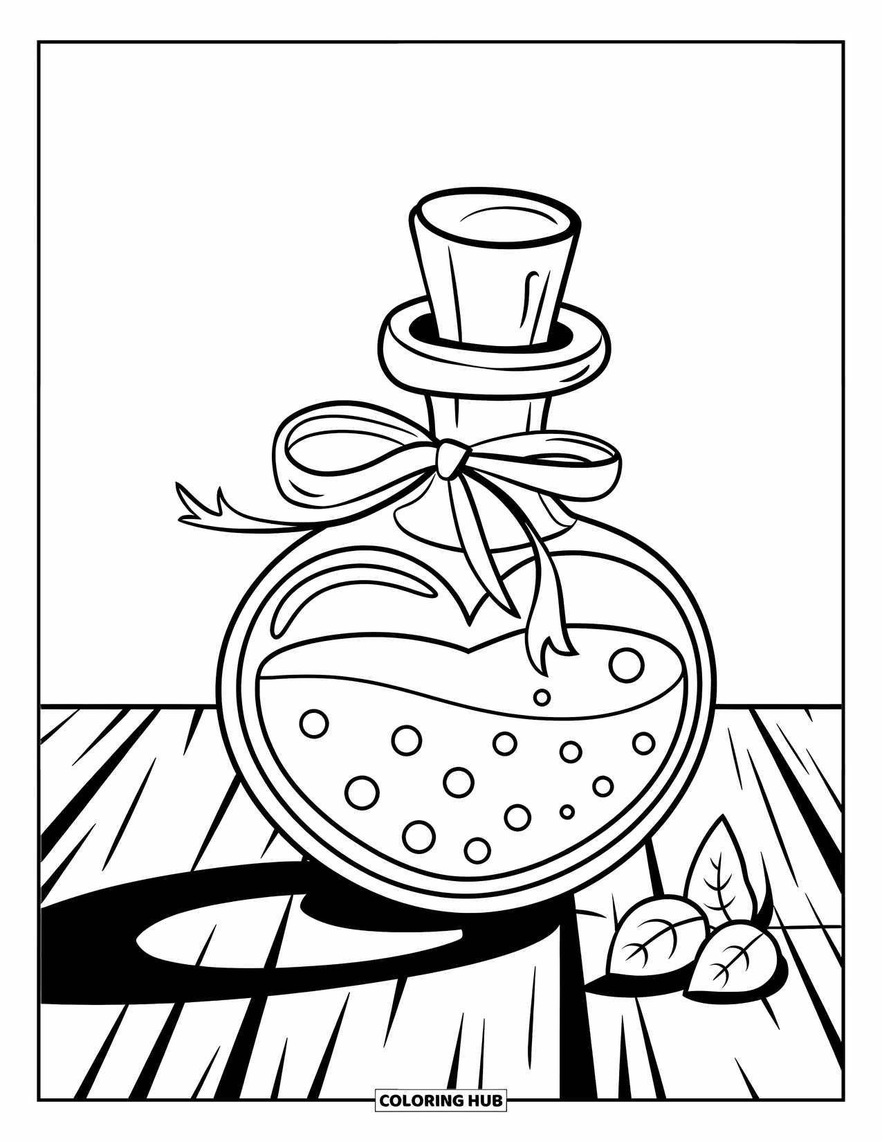 Potion Coloring Page for Kids: Heart potion with ribbon sits on wood, surrounded by leaves and soft shadows