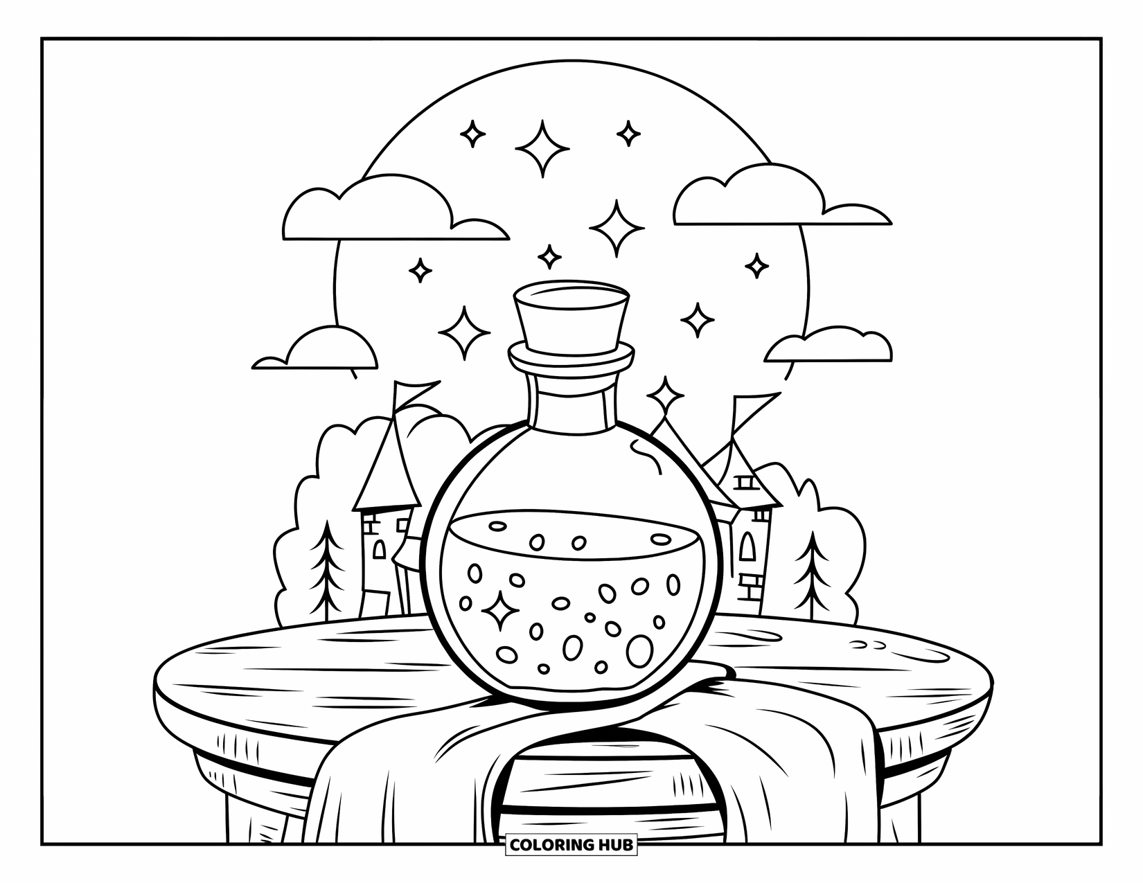 Potion Coloring Page for Kids: Potion bottle glows under moonlight on a wooden table with trees and castle behind